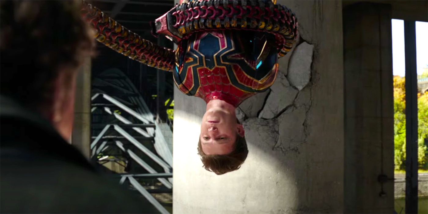 Doc Ock holds Spidey under a bridge in Spider-Man No Way Home