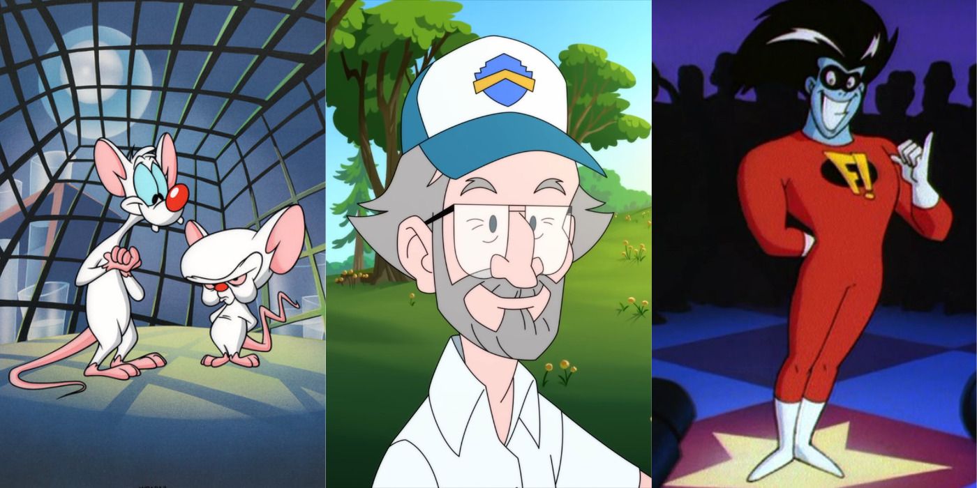 Split image of animated Steven Spielberg and two of his cartoons.s