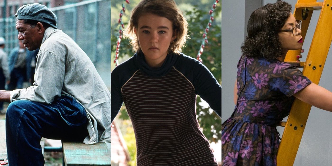 Red from Shawshank Redemption, Megan from A Quiet Place and Katherine from Hidden Figures in a split image