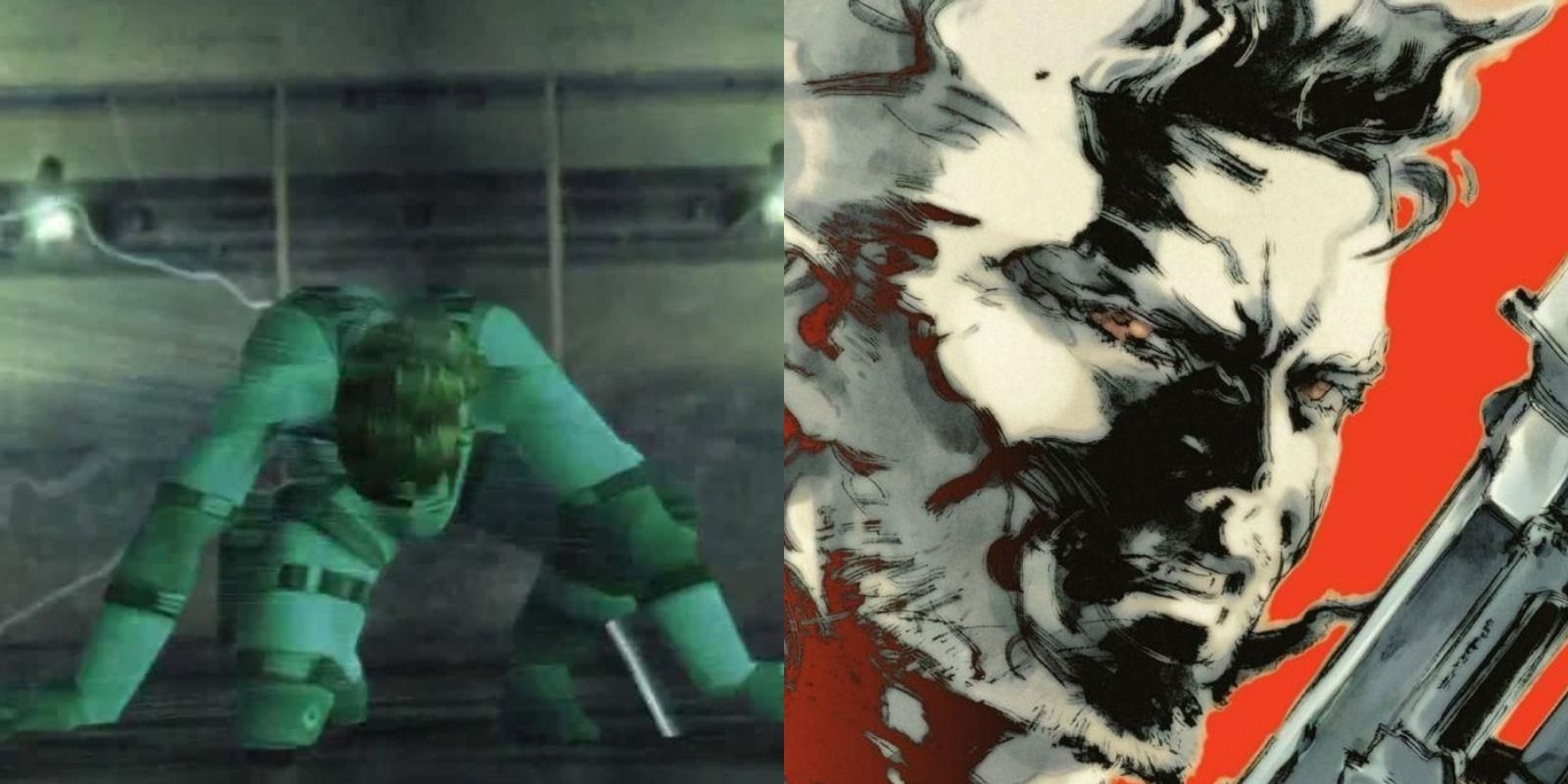 Split image of the opening to Metal Gear Solid 2 and key art for it