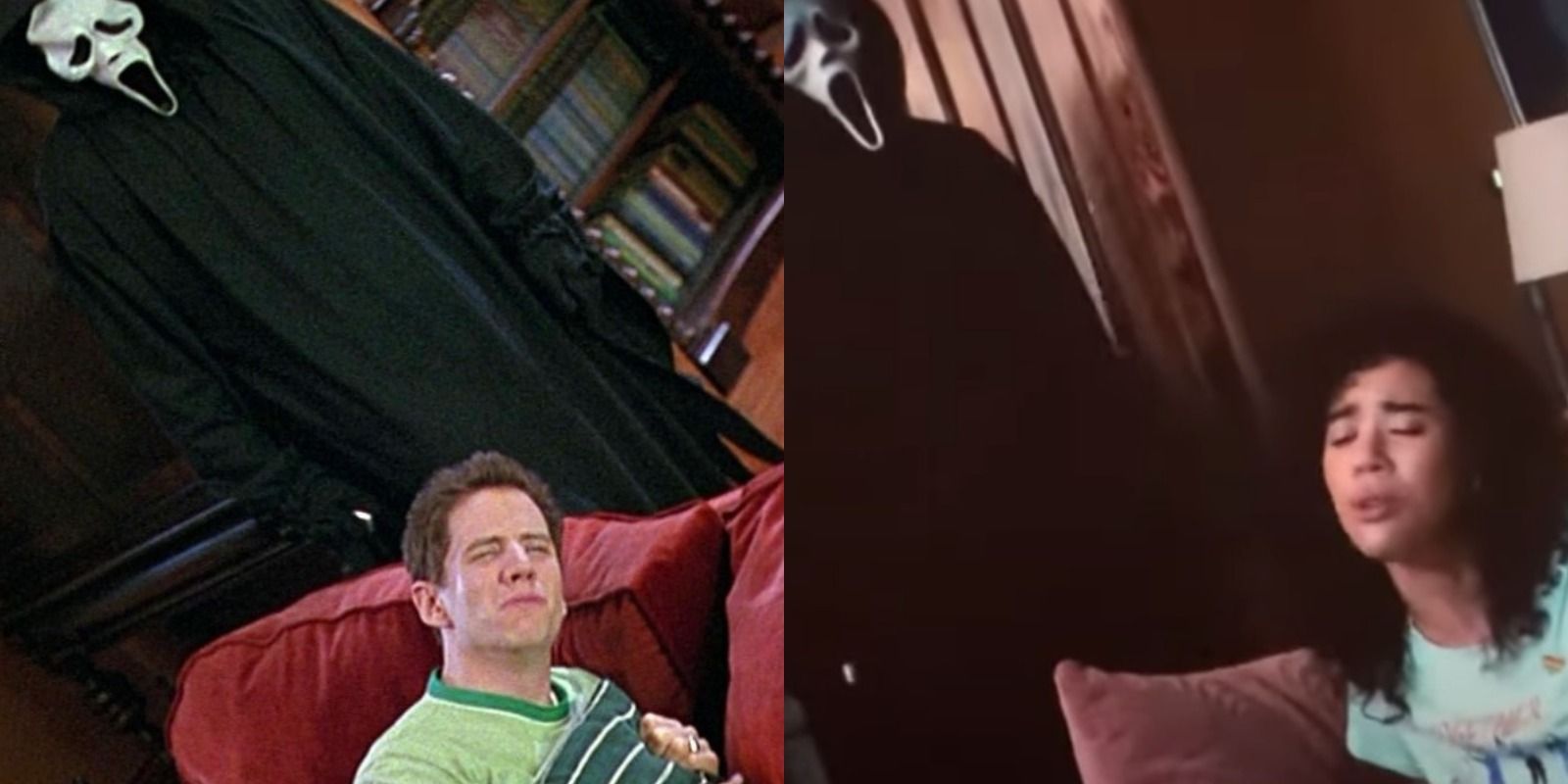 Split image of Randy and Mindy with Ghostface in Scream (1996) and Scream (2022)