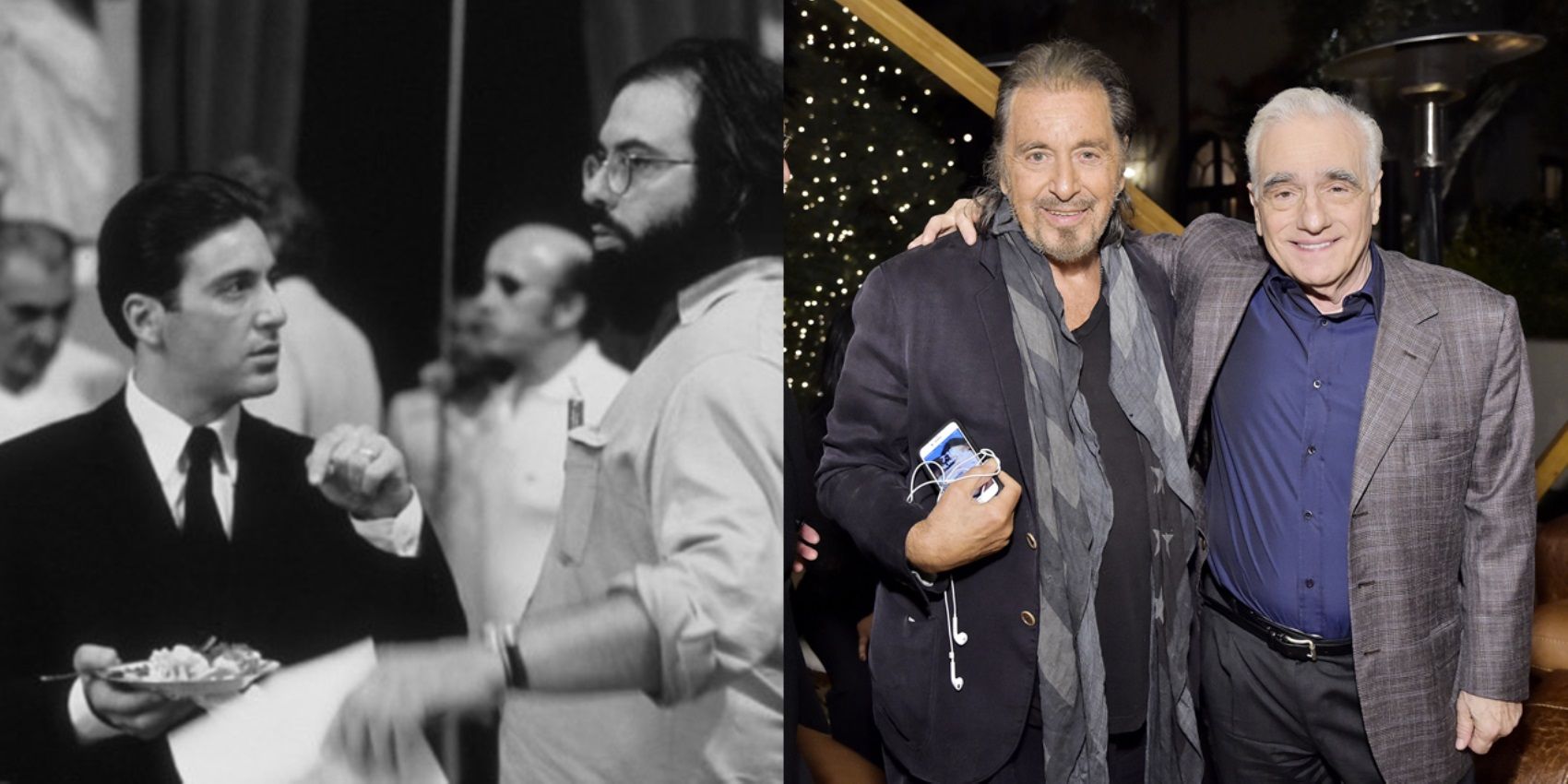 Split image of Al Pacino working on The Godfather and standing with Martin Scorsese at a red carpet event