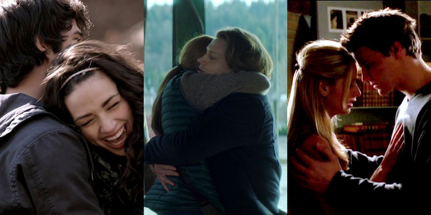 Split image of Allison and Scott hugging and laughing, Ace and Nancy hugging, and Buffy and Angel leaning their foreheads together.