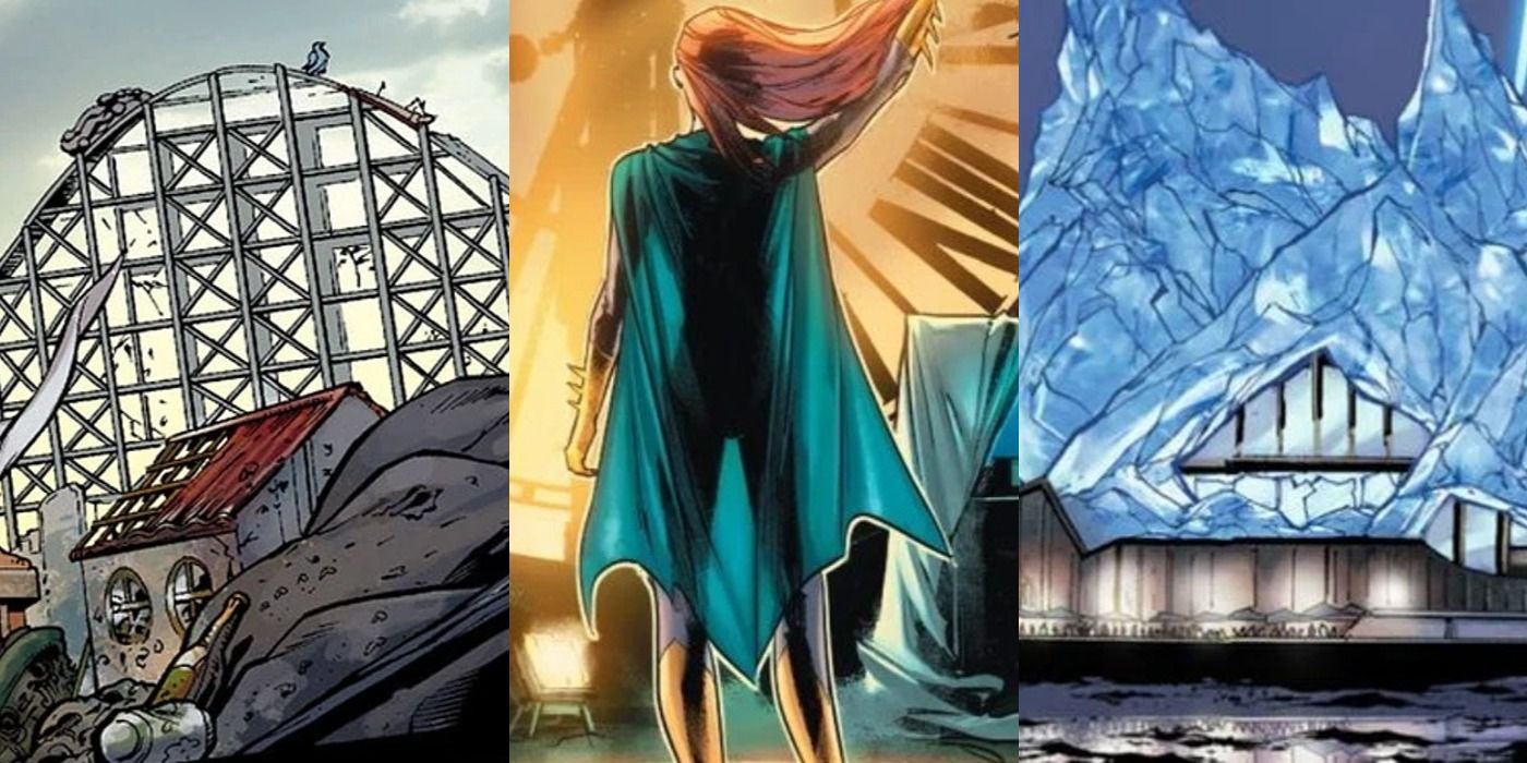Split image of Amusement Mile, Batgirl and the Iceberg Lounge in Gotham feature