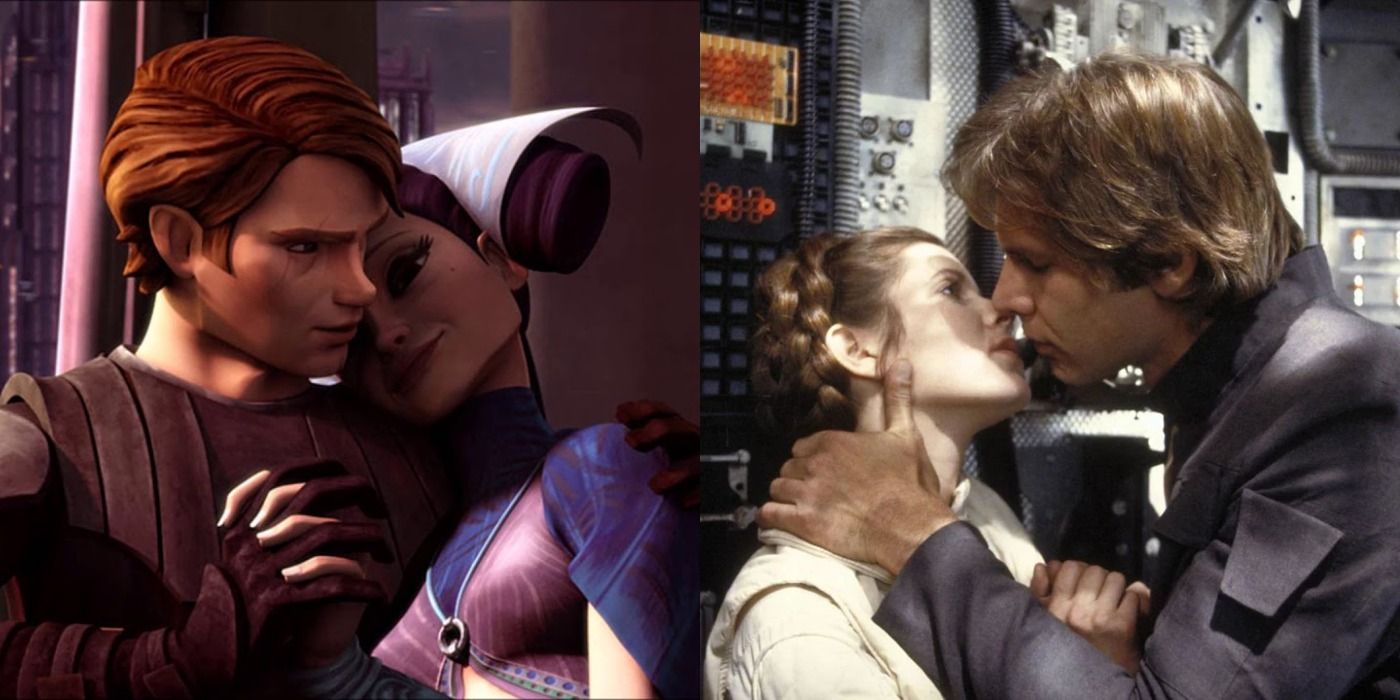 Split image of Anakin & Padme and Han & Leia in Star Wars