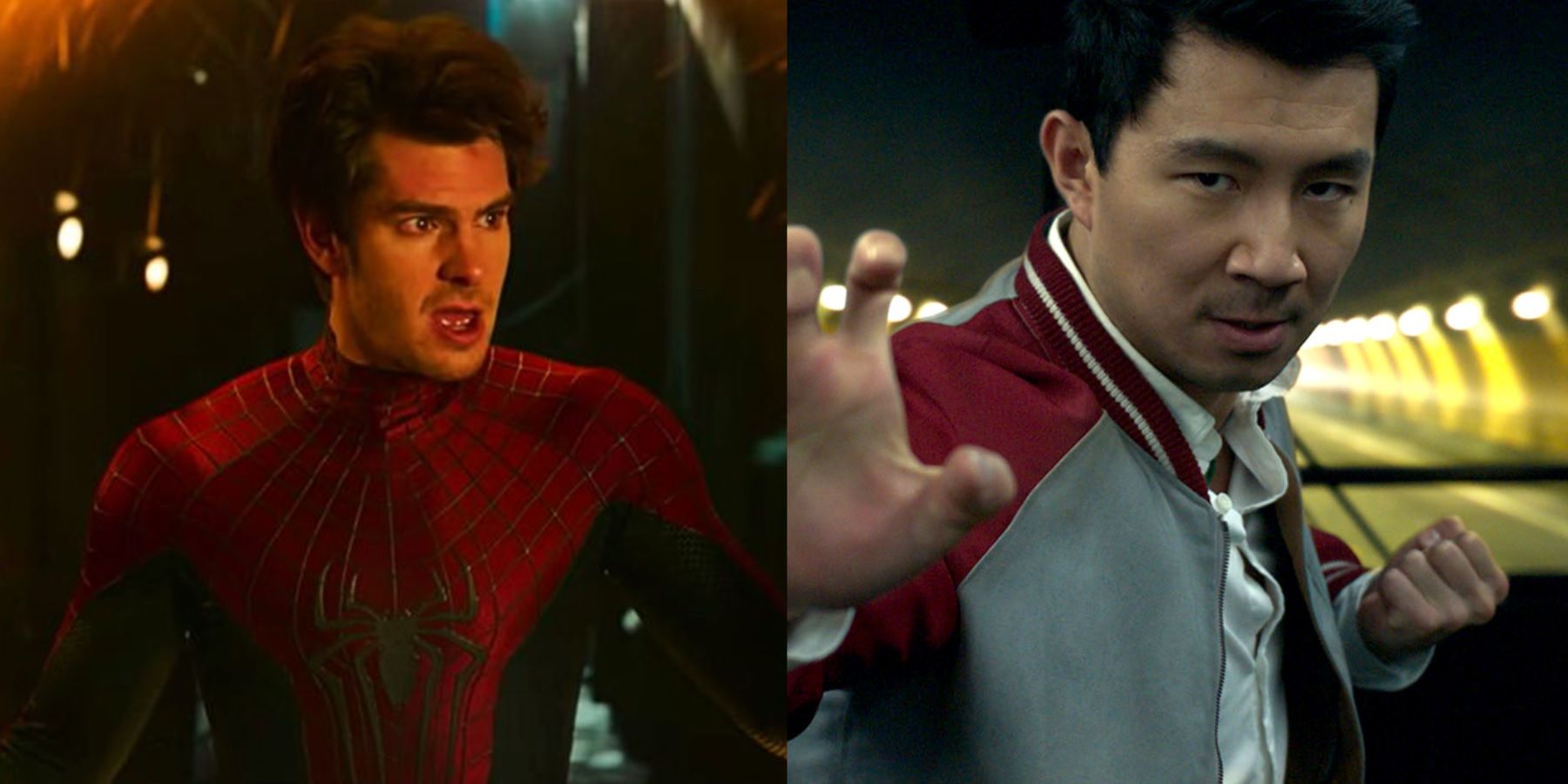 Split image of Andrew Garfield in Spider-Man No Way Home and Simu Liu in Shang-Chi and the Legend of the Ten Rings