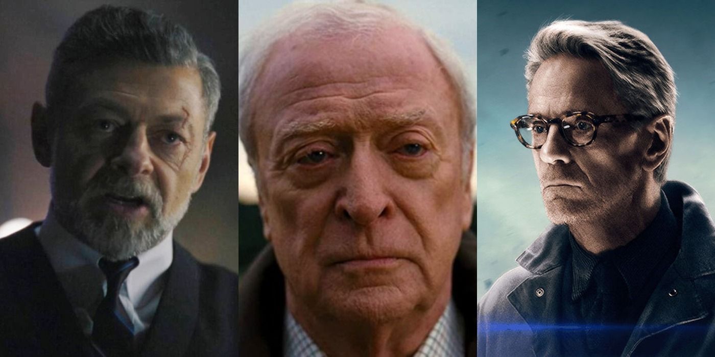 Split Image Of Andy Serkis Michael Caine And Jeremy Irons All As Alfred Pennyworth In Batman Movies 