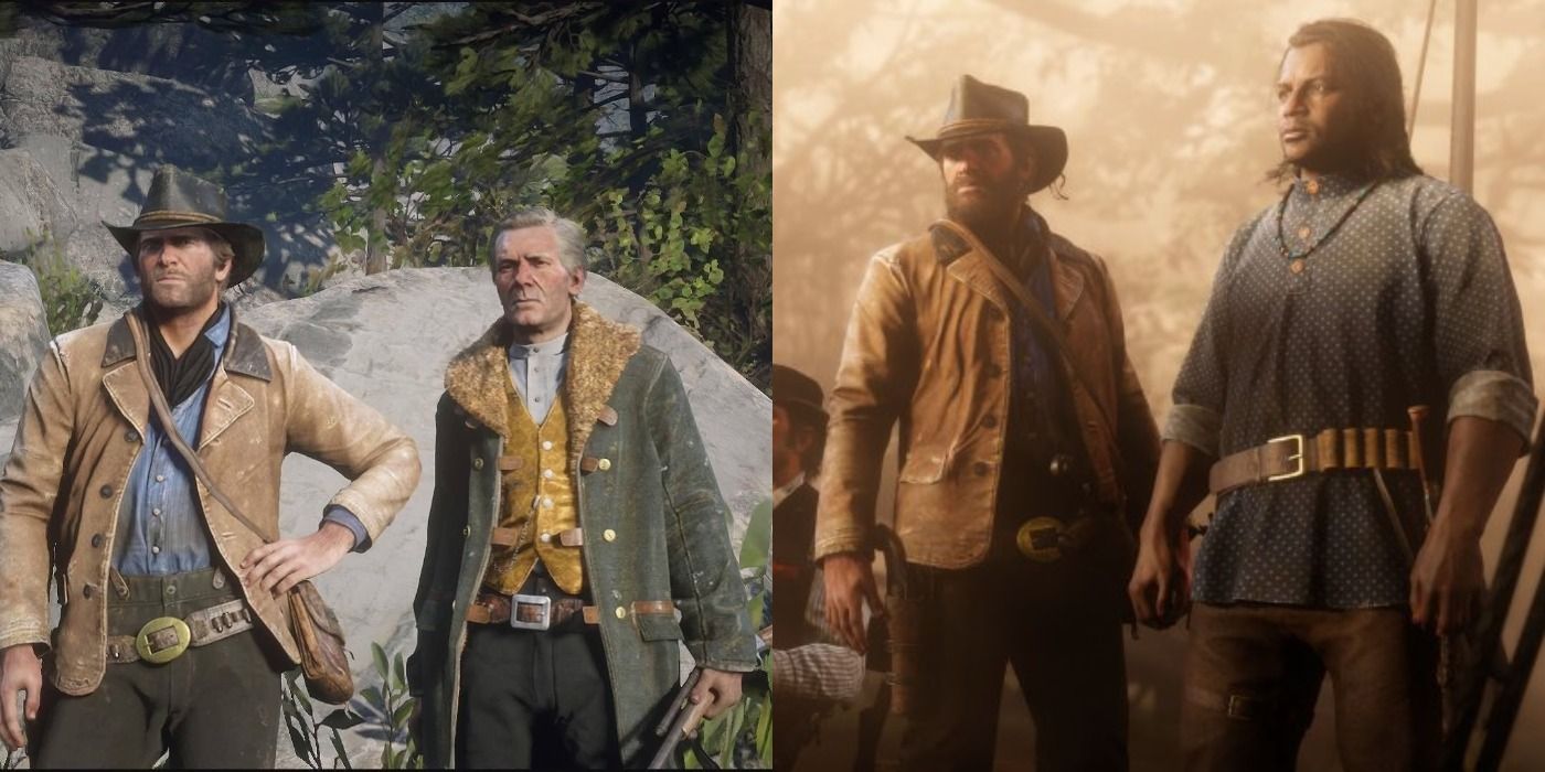 Split image of Arthur and Hosea & Arthur and Charles in Red Dead Redemption 2