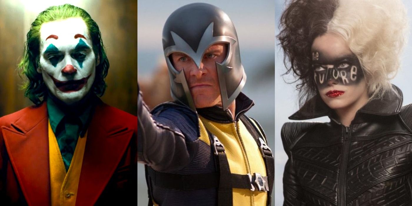 Split image of Arthur in Joker, Magneto in X-Men First Class, and Cruella in Cruella