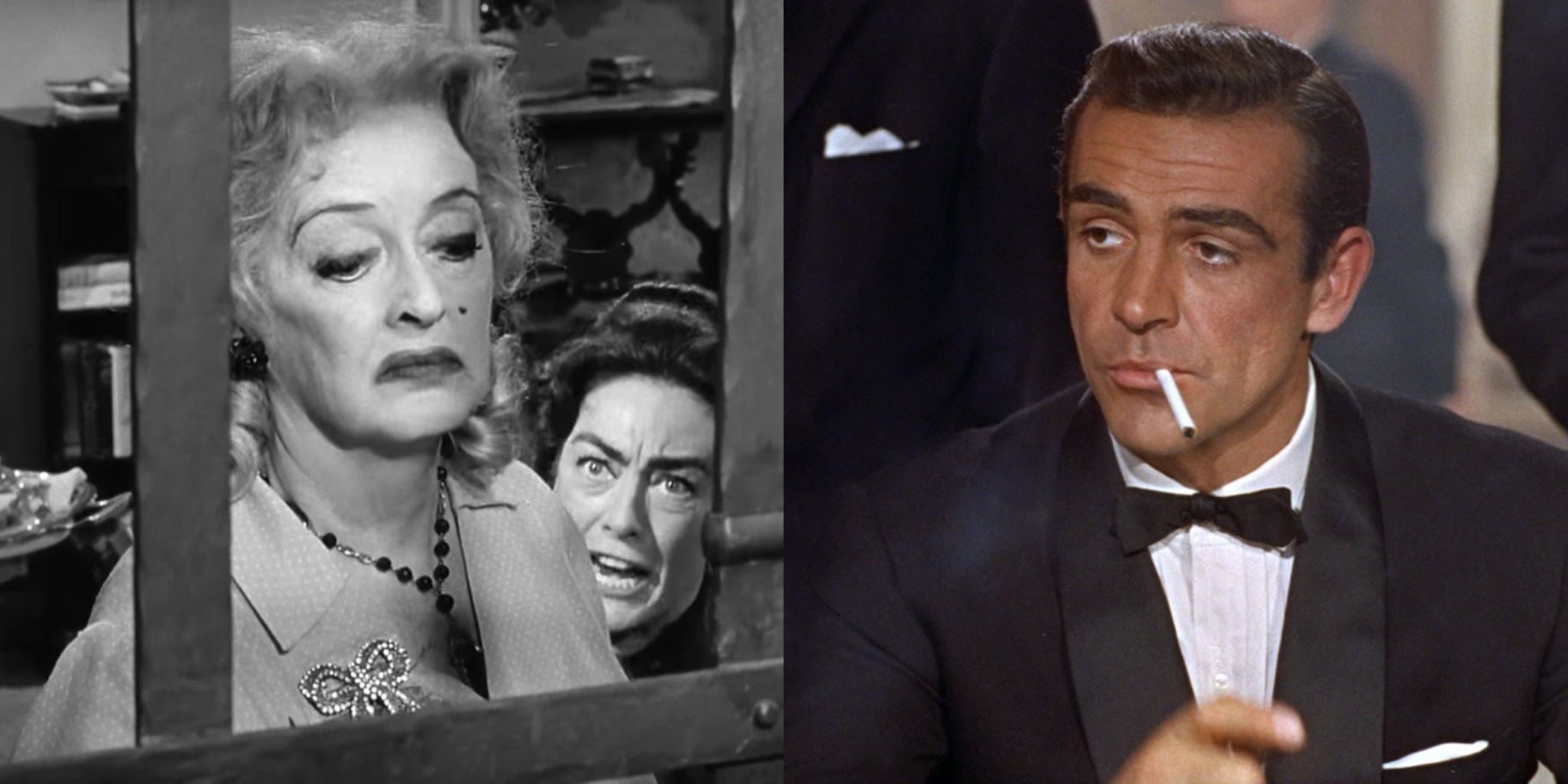 Split image of Baby Jane Hudson in What Ever Happened to Baby Jane and James Bond in Dr No