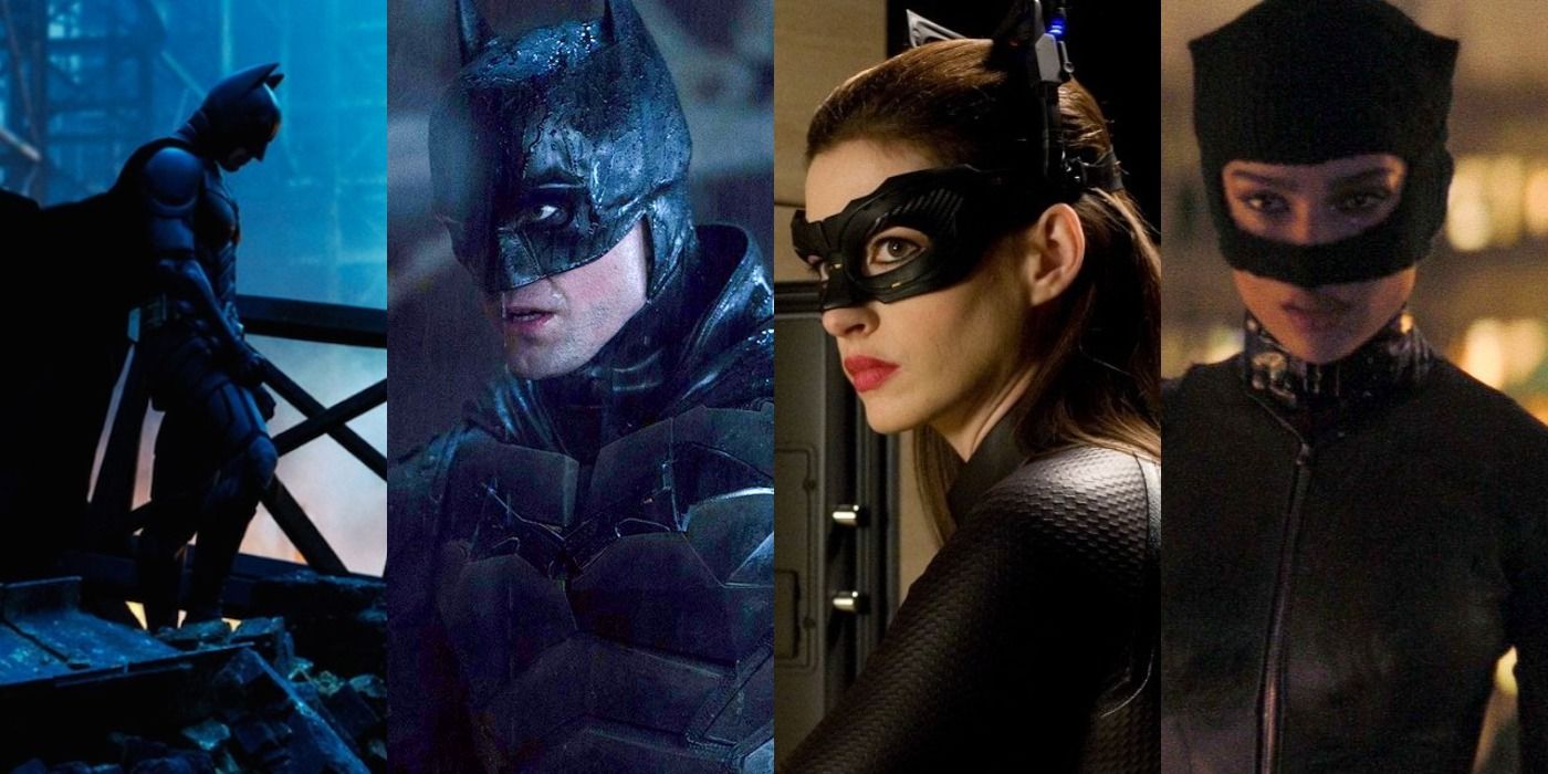 Split image of Batman and Catwoman in The Dark Knight Rises, and Batman and Catwoman in The Batman