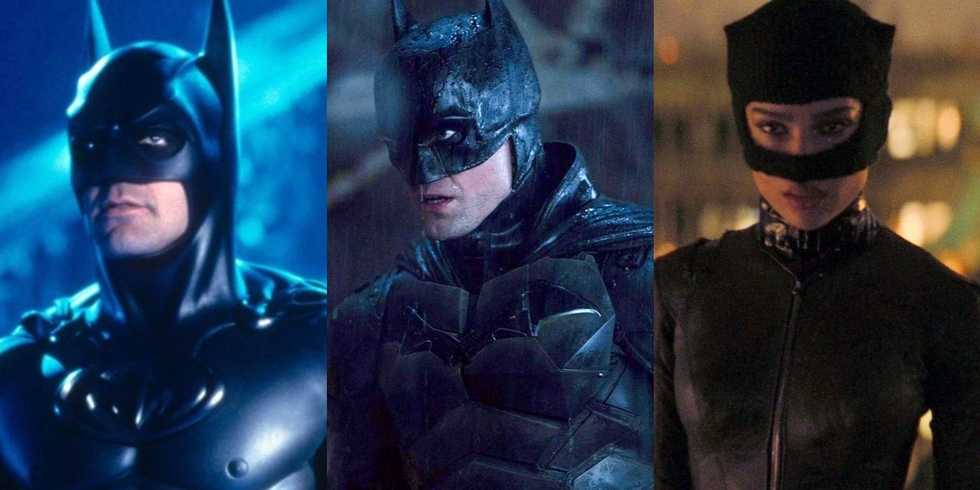 Split image of Batman in Batman &amp; Robin, Batman in The Batman, and Catwoman in The Batman