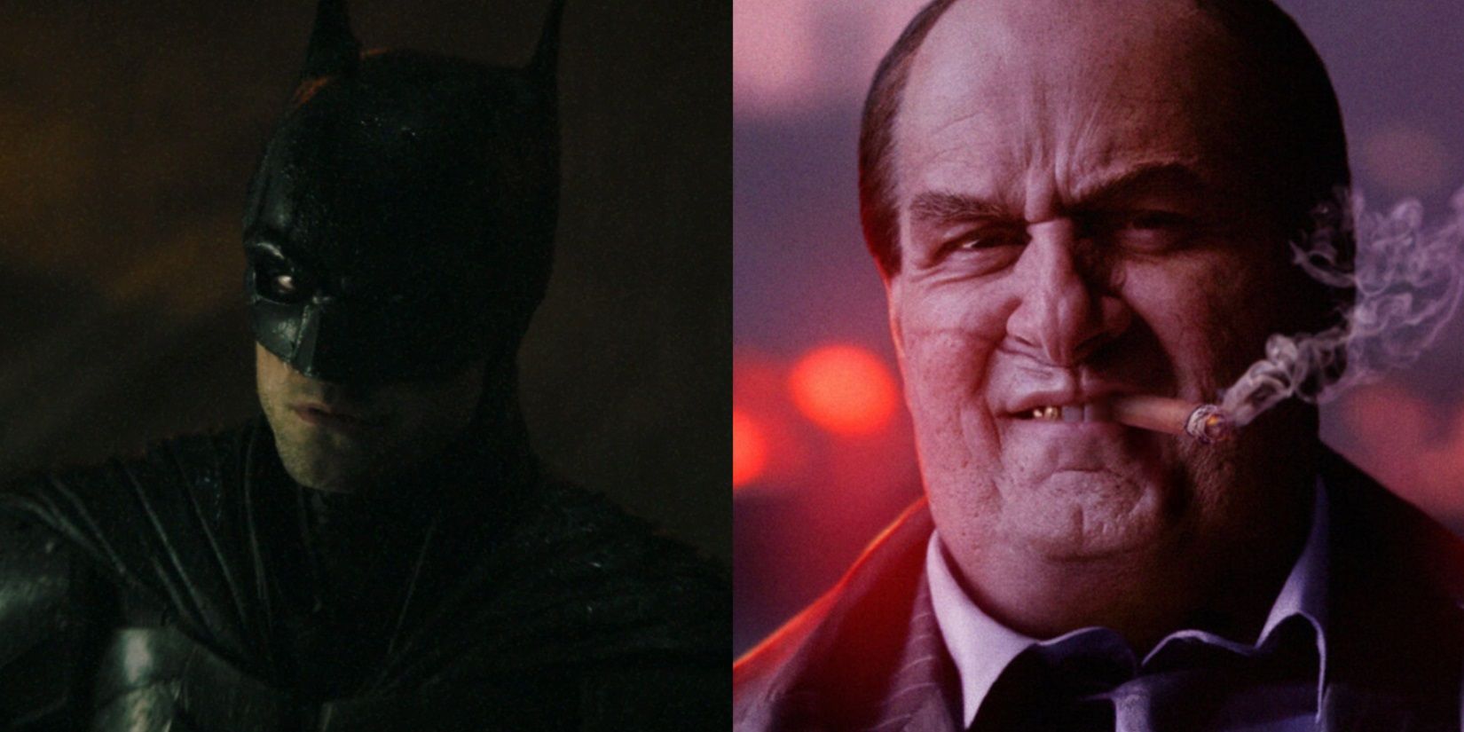 Split image of Batman in the rain and the Penguin smoking a cigar in The Batman