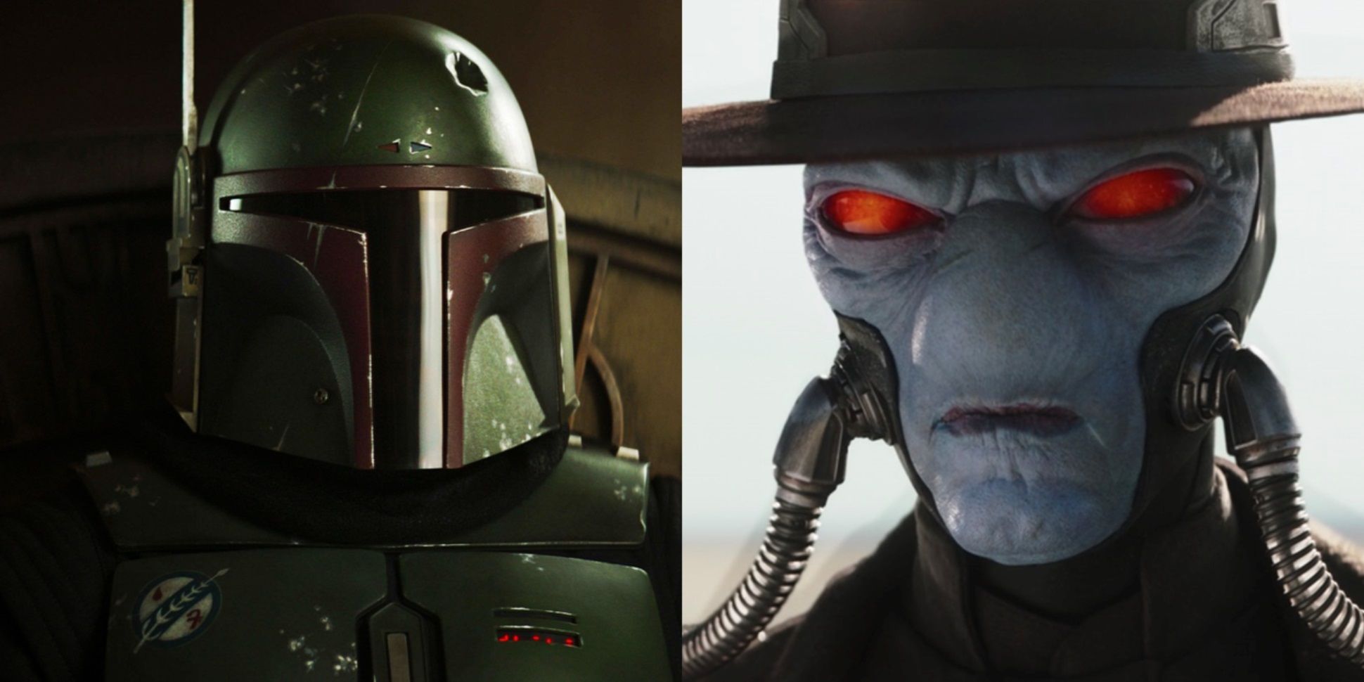 Split image of Boba on his throne and Cad Bane in the desert in The Book of Boba Fett