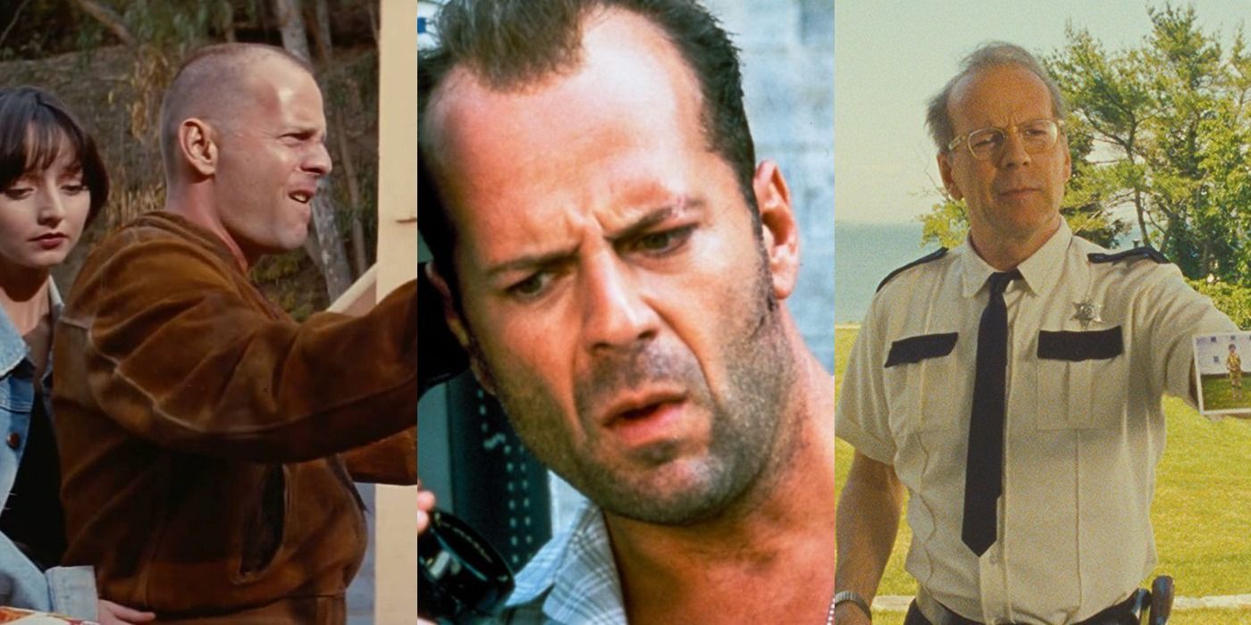Split image of Butch in Pulp Fiction, John in Die Hard with a Vengeance, and Captain Sharp in Moonrise Kingdom