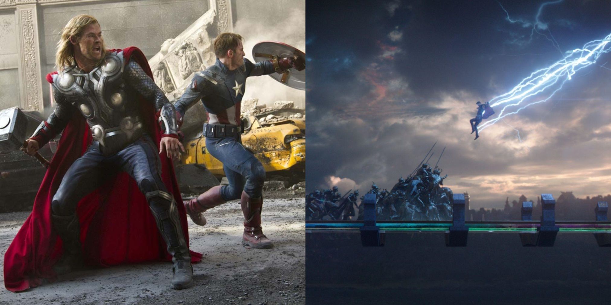 Split image of Cap and Thor fighting in The Avengers and Thor arriving on the Rainbow Bridge in Thor Ragnarok