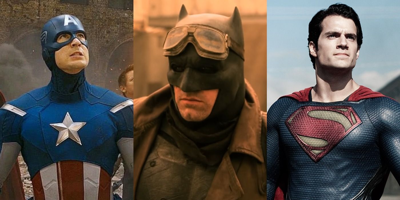 Split image of Captain America in The Avengers, Batman in Batman v Superman, and Superman in Man of Steel