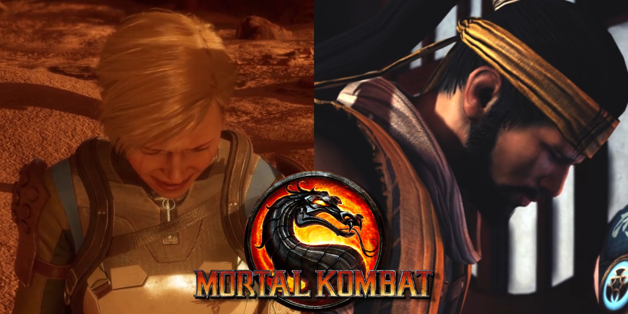 Split image of Cassie Cage crying in Mortal Kombat 11 and Scorpion in Mortal Kombat X