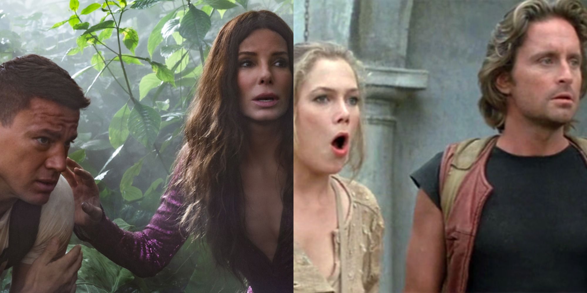Split image of Channing Tatum and Sandra Bullock in The Lost City and Kathleen Turner and Michael Douglas in Romancing the Stone