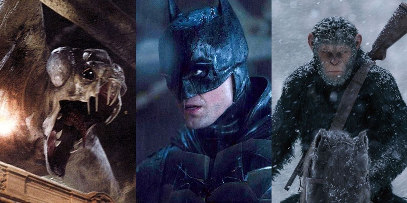 Split image of Clover in Cloverfield, Batman in The Batman, and Caesar in War for the Planet of the Apes