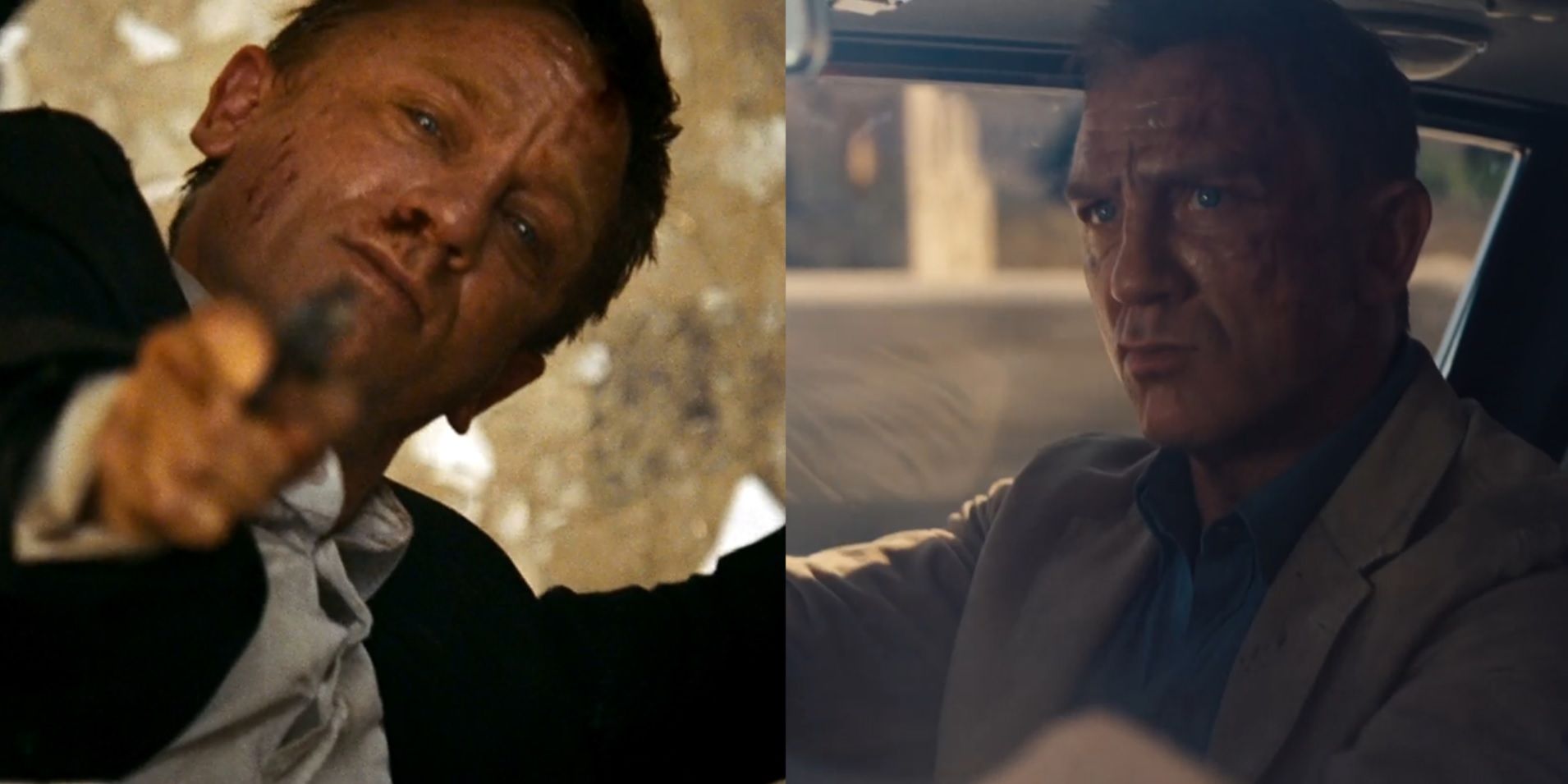 Split image of Daniel Craig holding a gun in Quantum of Solace and driving a car in No Time to Die