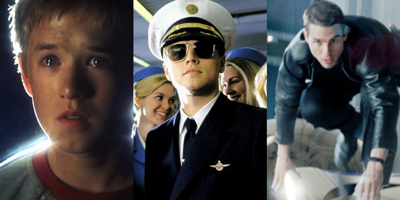 Split image of David in Artificial Intelligence, Frank in Catch Me If You Can, and John in Minority Report