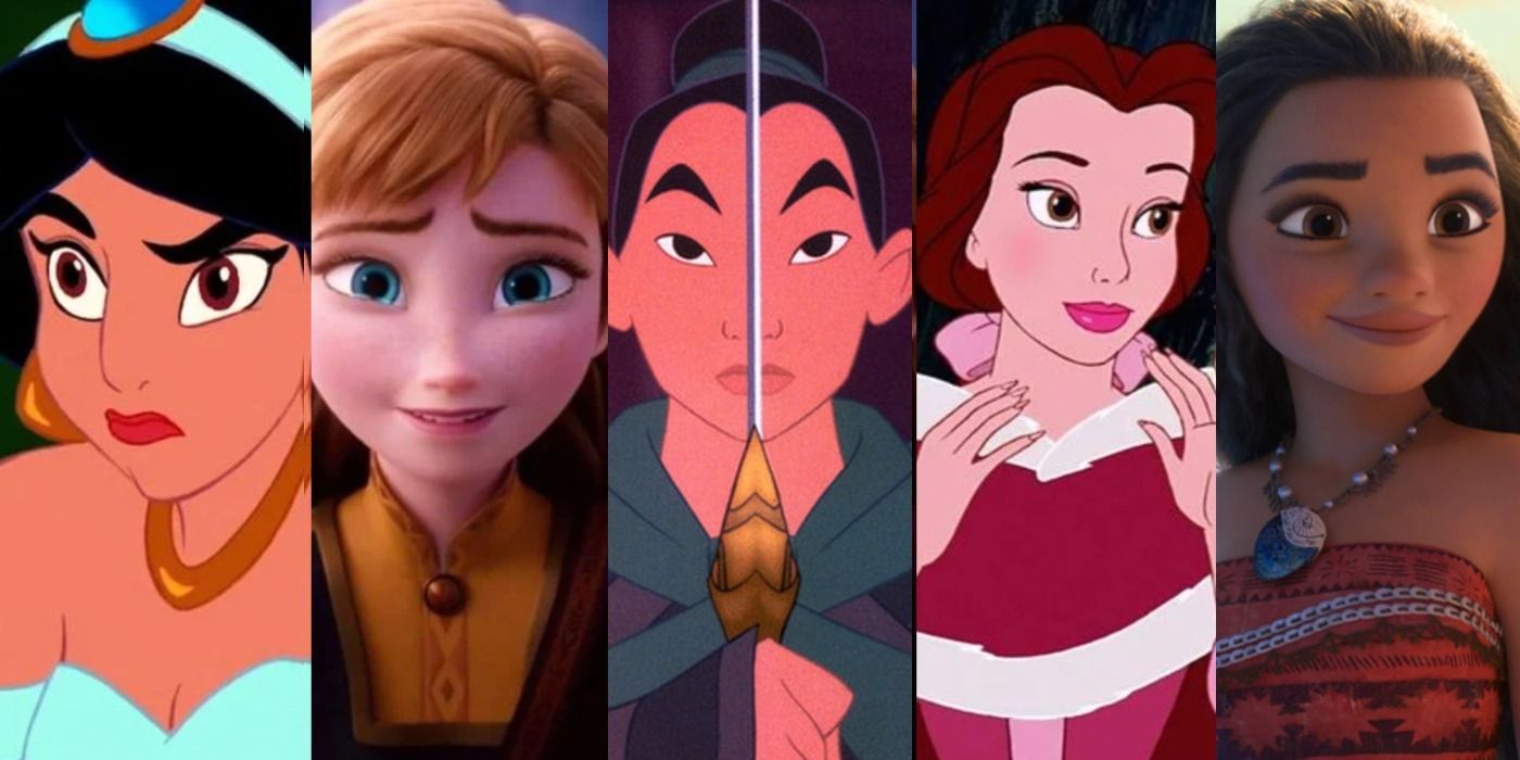 Split image of Disney princesses Jasmine, Anna, Mulan, Belle, and Moana