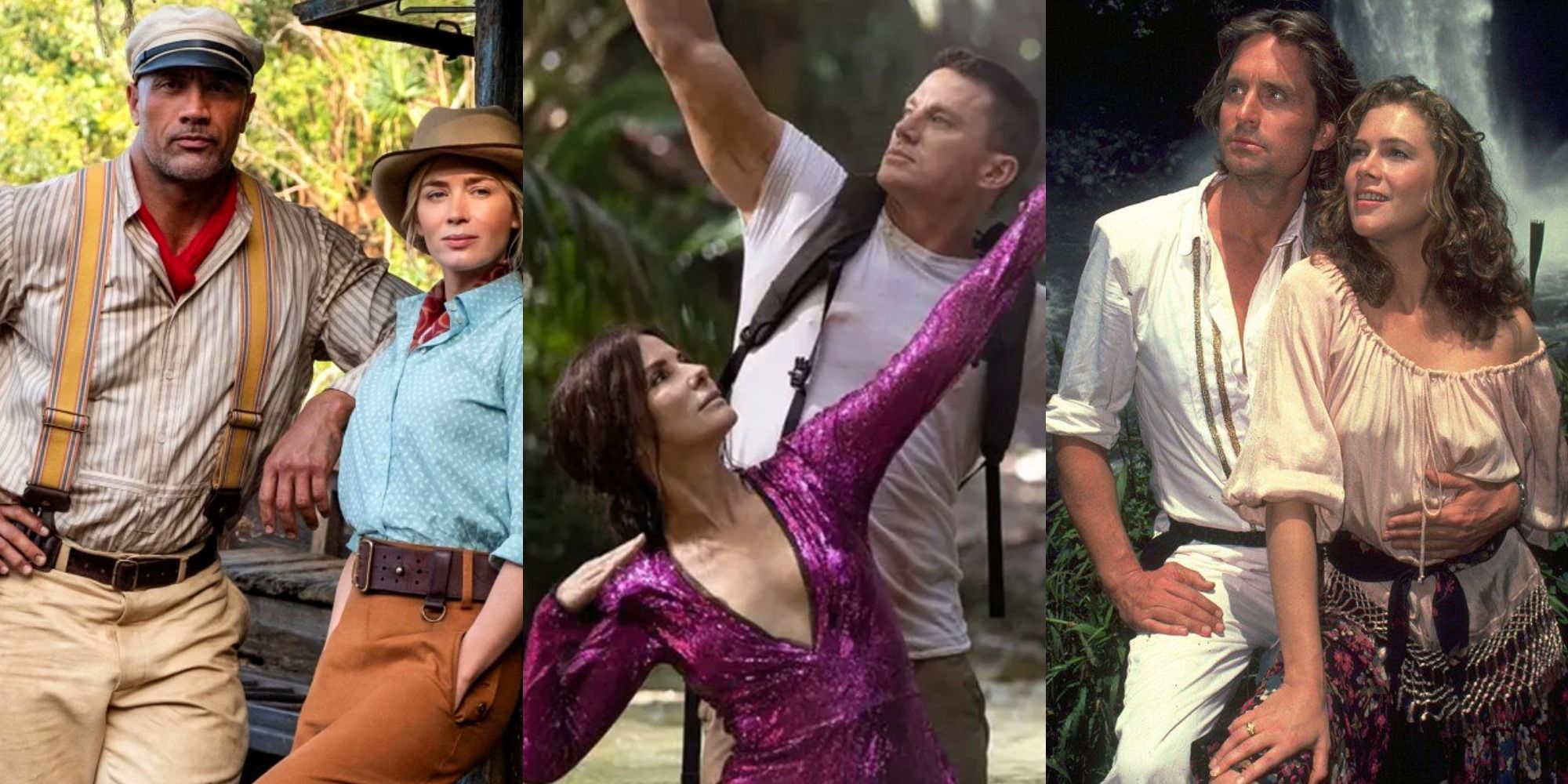 Split image of Dwayne Johnson and Emily Blunt in Jungle Cruise, Sandra Bullock and Channing Tatum in The Lost City, and Kathleen Turner and Michael Douglas in Romancing The Stone