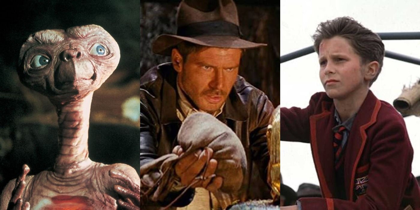 Split image of E.T. in E.T., Indy in Indiana Jones and the Last Crusade, and Jim in Empire of the Sun
