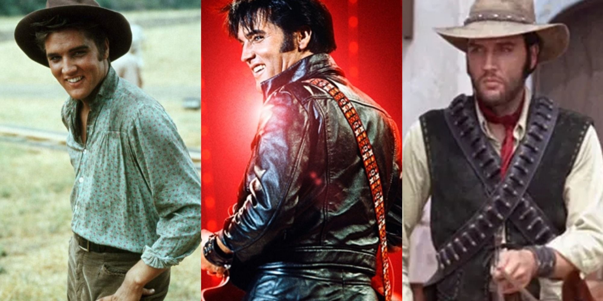 Split image of Elvis Presley in Love Me Tender, the 1968 Comeback Special, and Charro