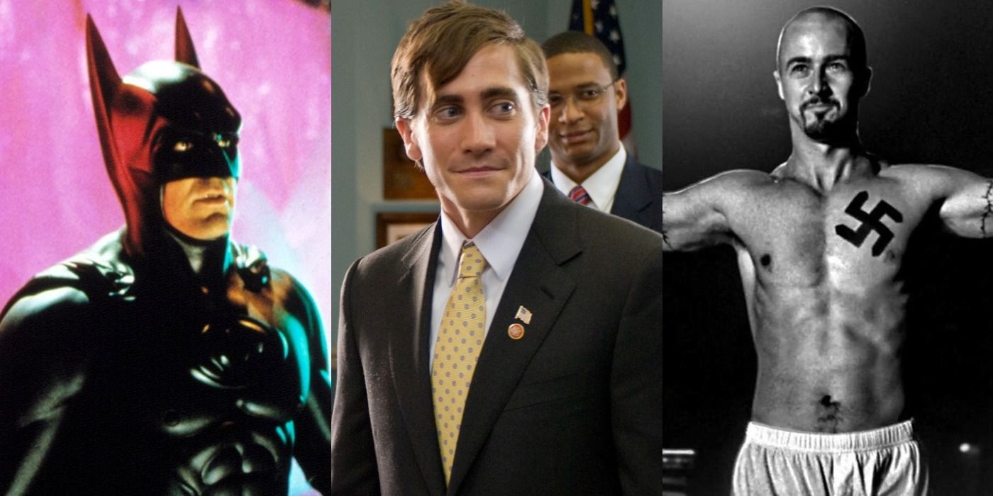 Split image of George Clooney in Batman &amp; Robin, Jake Gyllenhaal in Accidental Love, and Edward Nortan in American History X