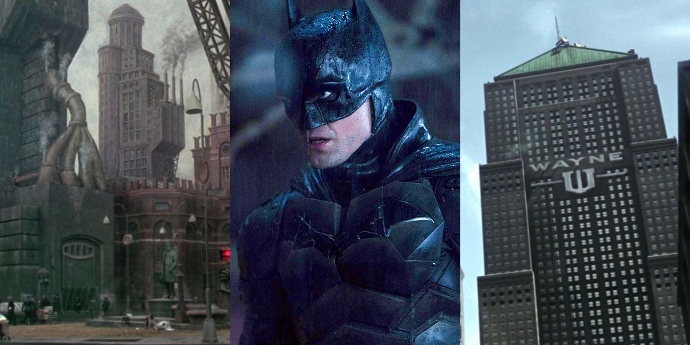 Split image of Gotham Square in Batman, Batman in The Batman, and Wayne Tower in Batman Begins