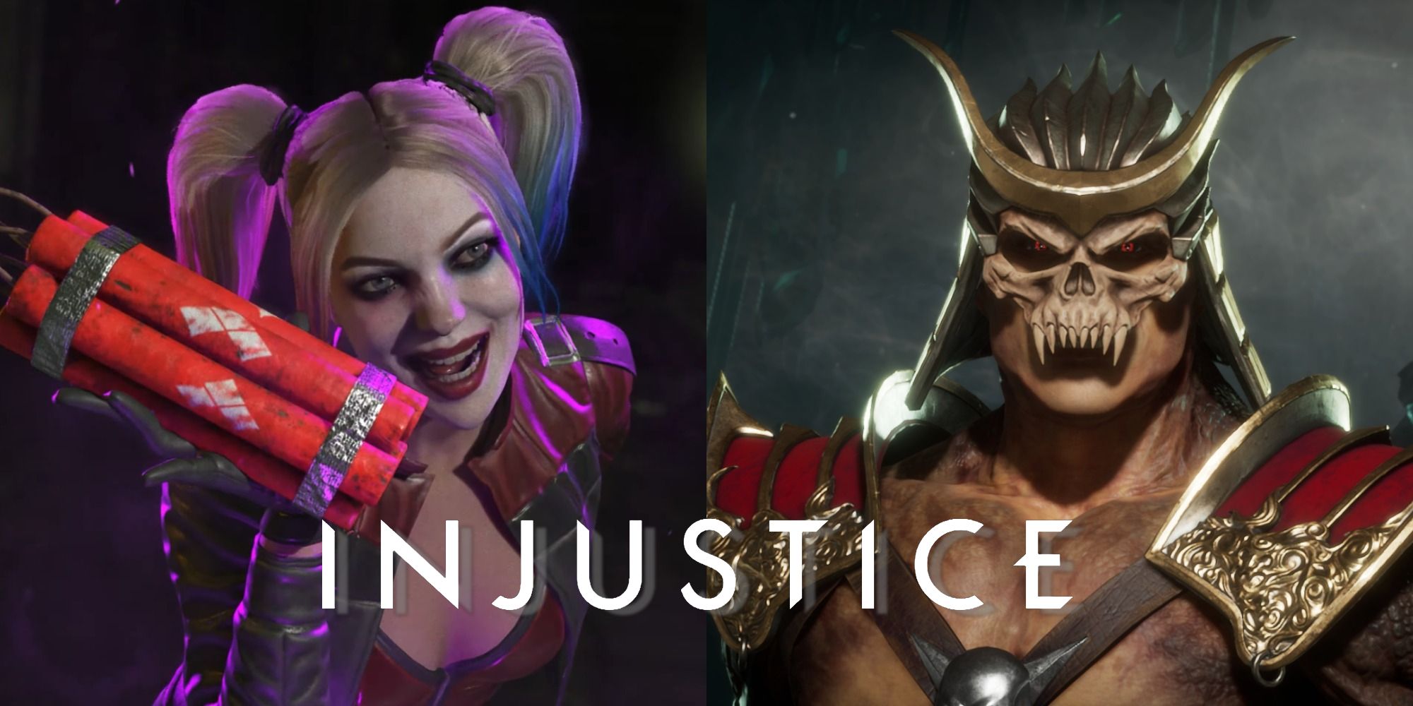 Split image of Harley Quinn with TNT in Injustice 2 and Shao Kahn in Mortal Kombat 11