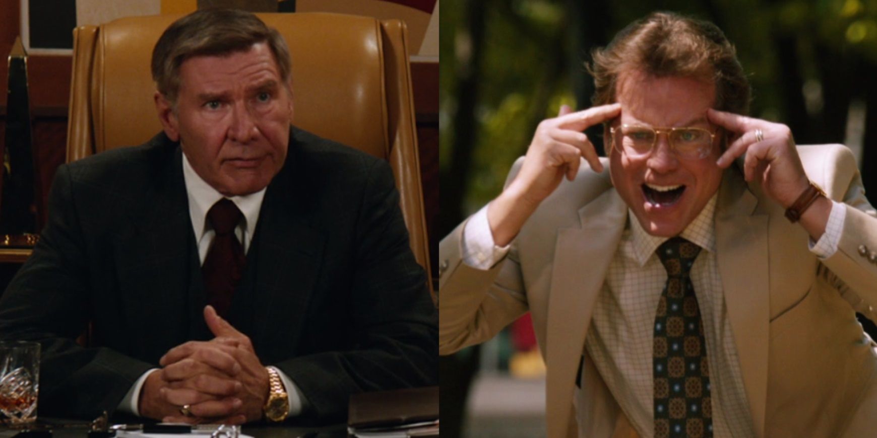 Split image of Harrison Ford and Greg Kinnear making cameo appearances in Anchorman 2