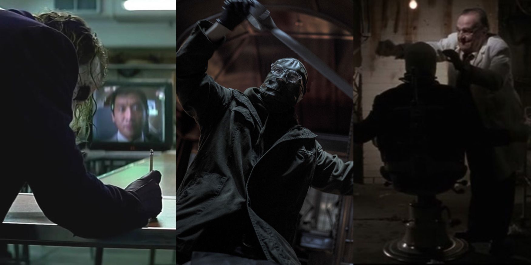 Split image of Heath Ledger in The Dark Knight, Paul Dano in The Batman, and Jack Nicholson in Batman