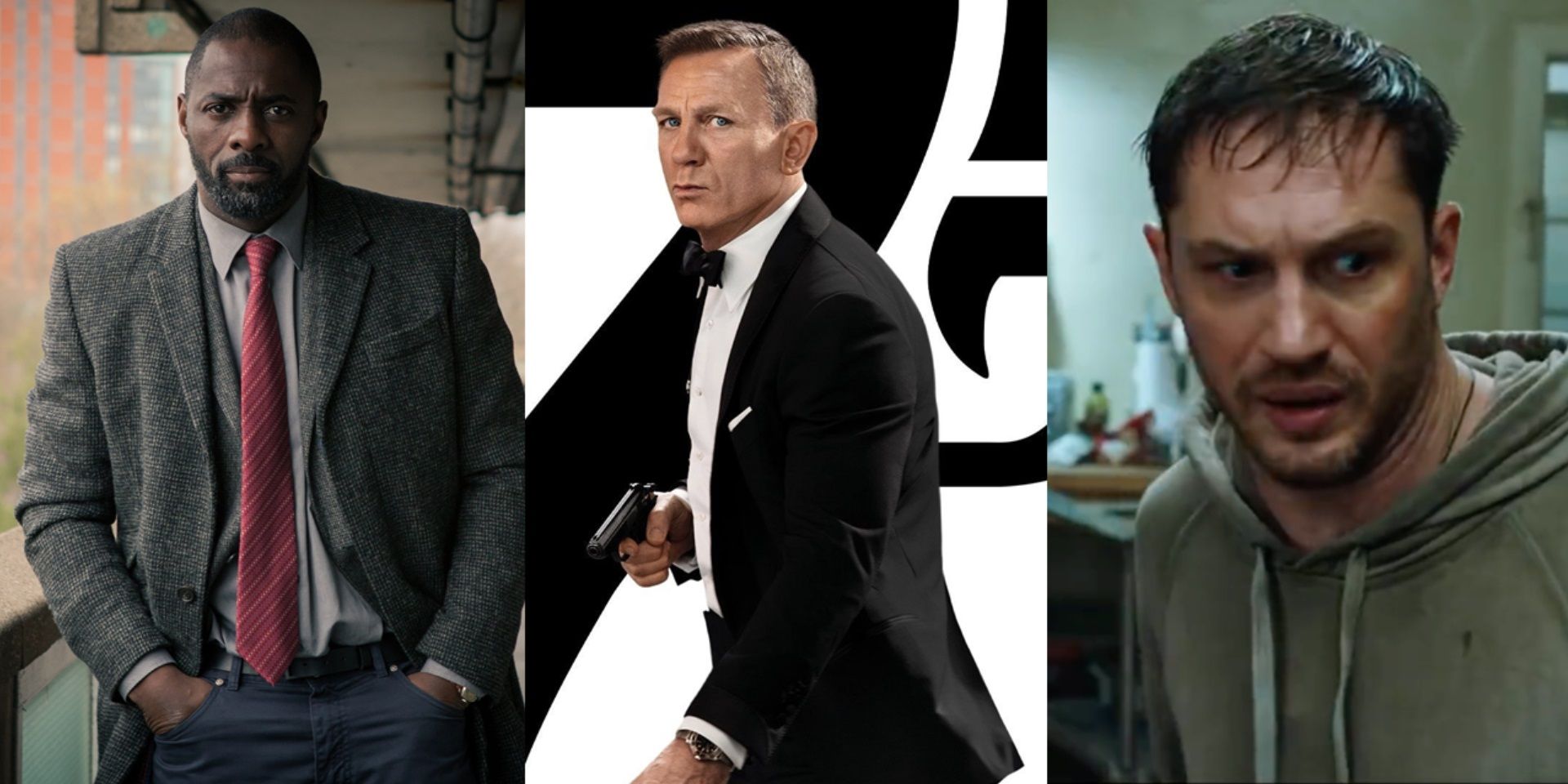 Split image of Idris Elba in Luther, Daniel Craig in No Time to Die, and Tom Hardy in Venom