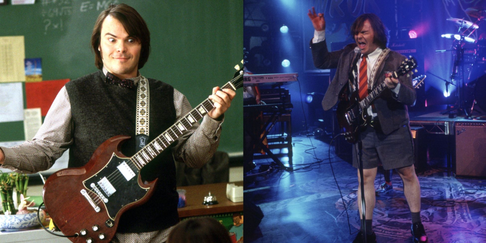 Split image of Jack Black playing guitar in a classroom and on a stage in School of Rock