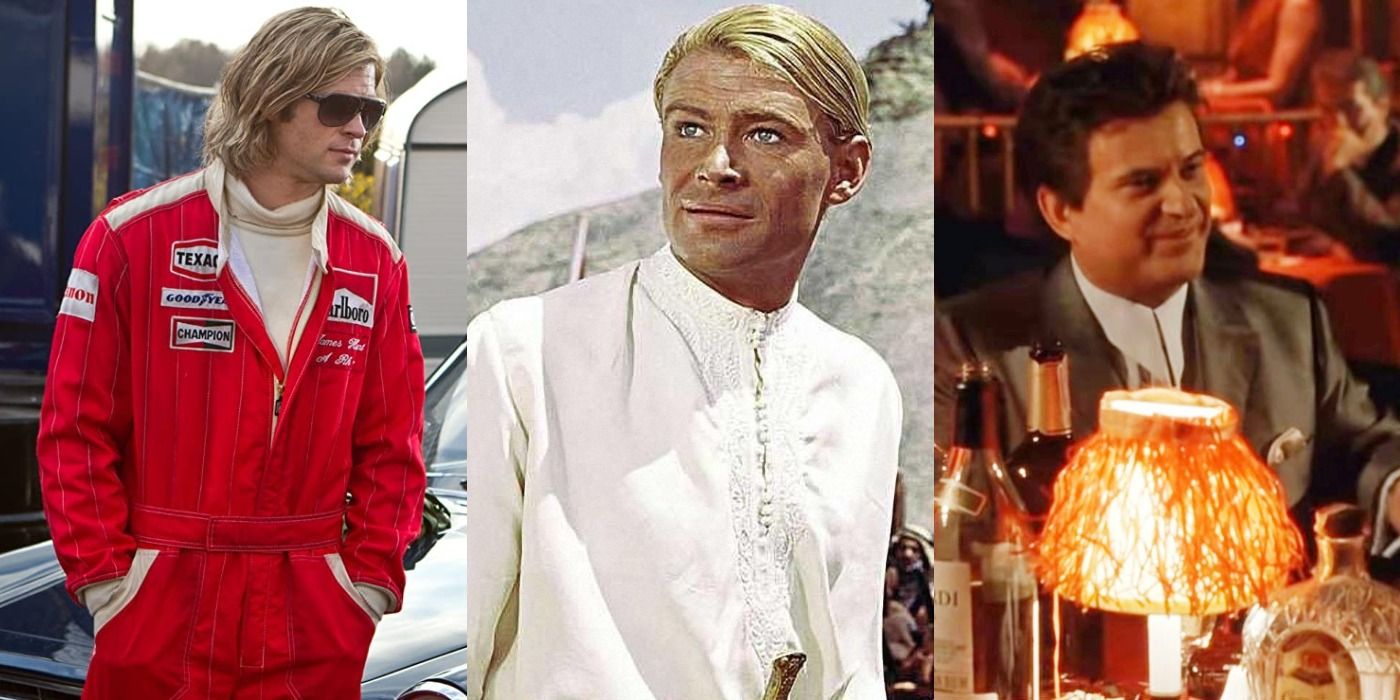 Split image of James in Rush, T.E. Lawrence in Lawrence of Arabia, and Tommy in Goodfellas