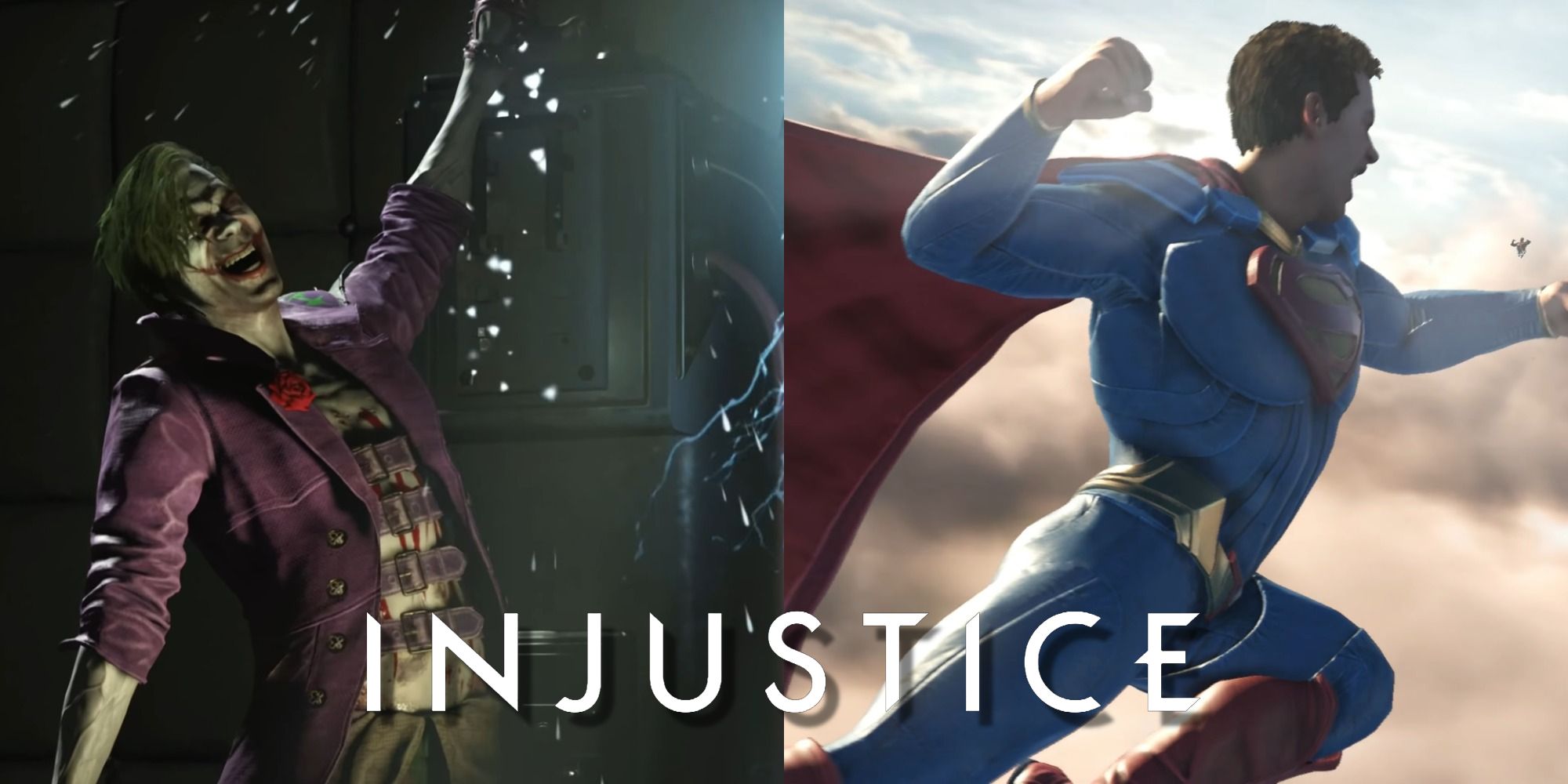 Split image of Joker and Superman performing super moves in Injustice 2