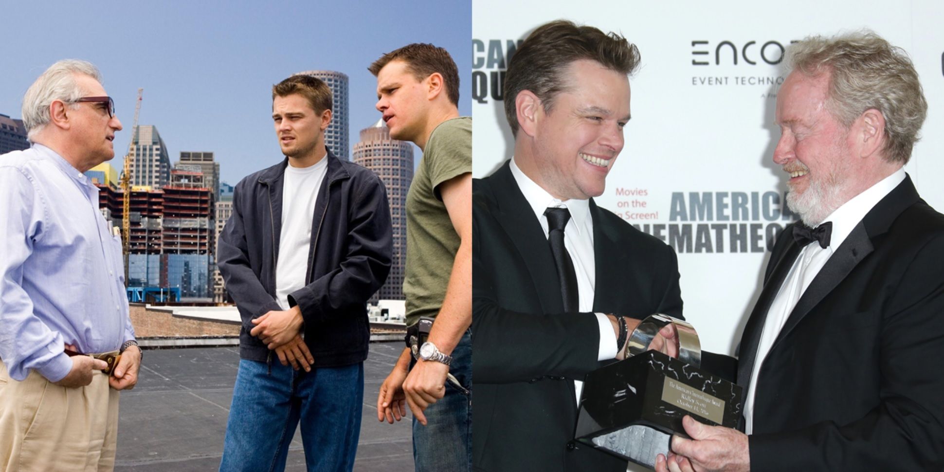 Split image of Matt Damon on set with Martin Scorsese and at a red carpet event with Ridley Scott