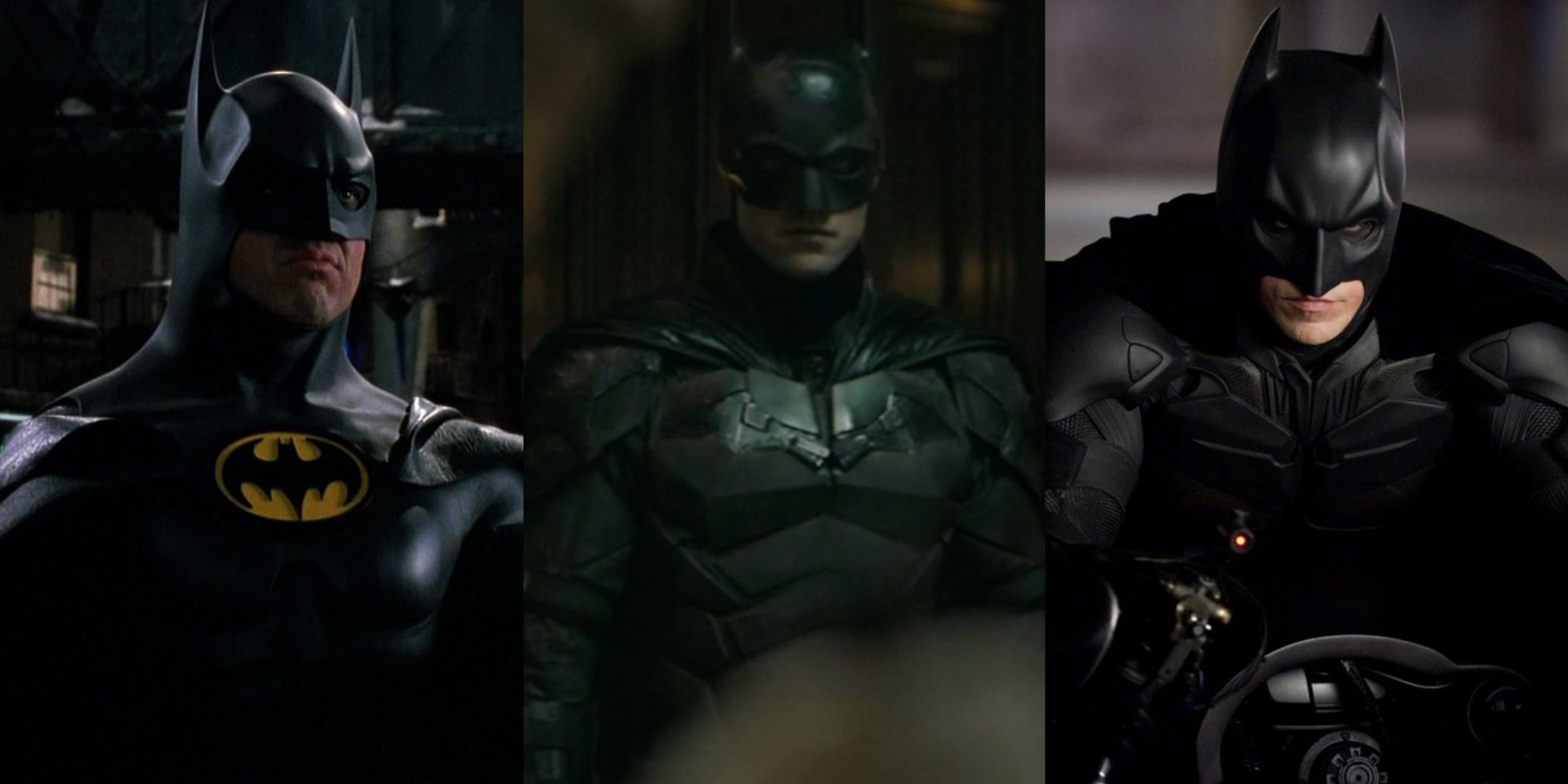 Split image of Michael Keaton, Robert Pattinson, and Christian Bale as Batman
