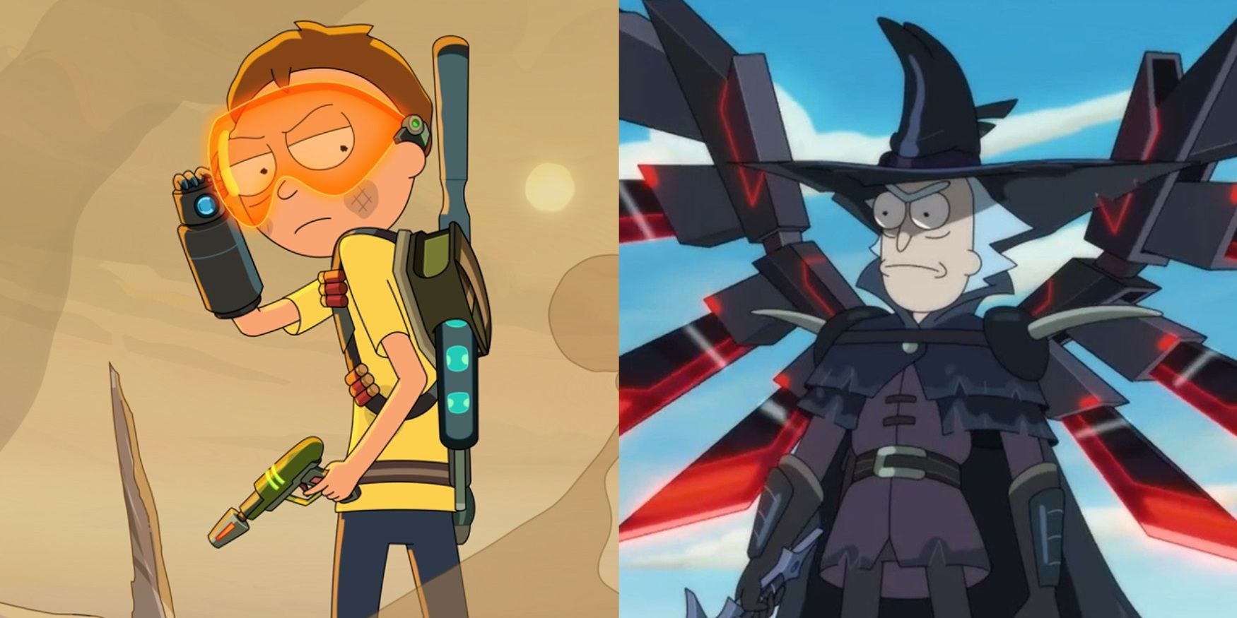 Split image of Morty Smith with goggles and Rick Sanchez with crows in Rick and Morty