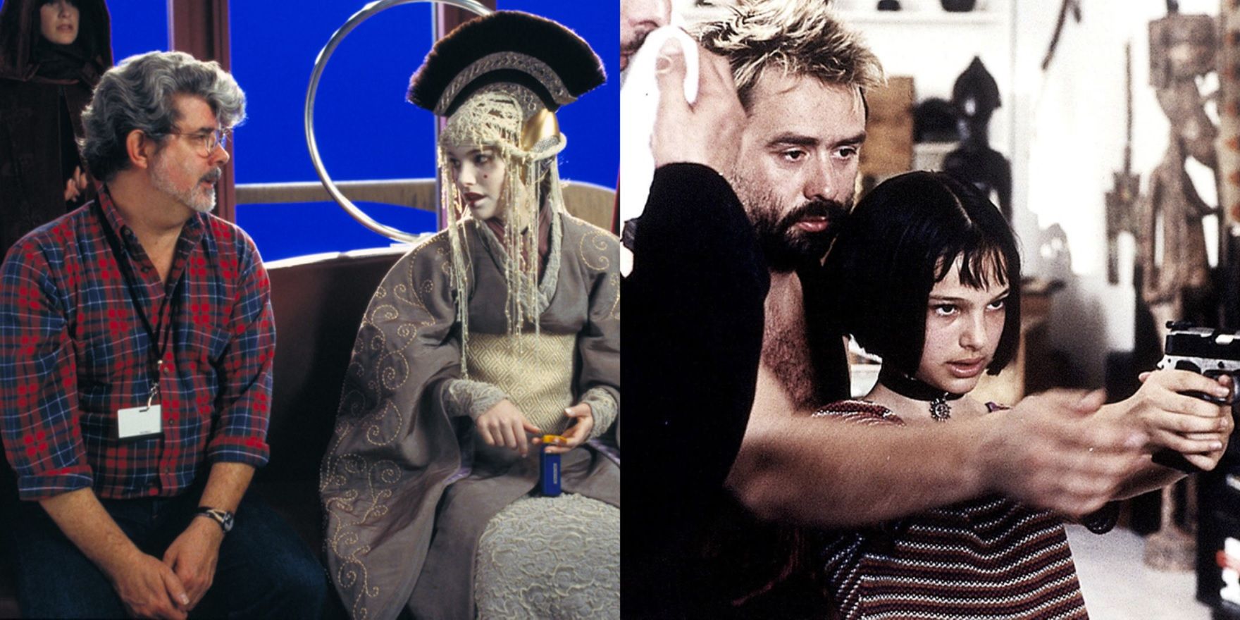Split image of Natalie Portman on the set of Star Wars with George Lucas and Leon with Luc Besson