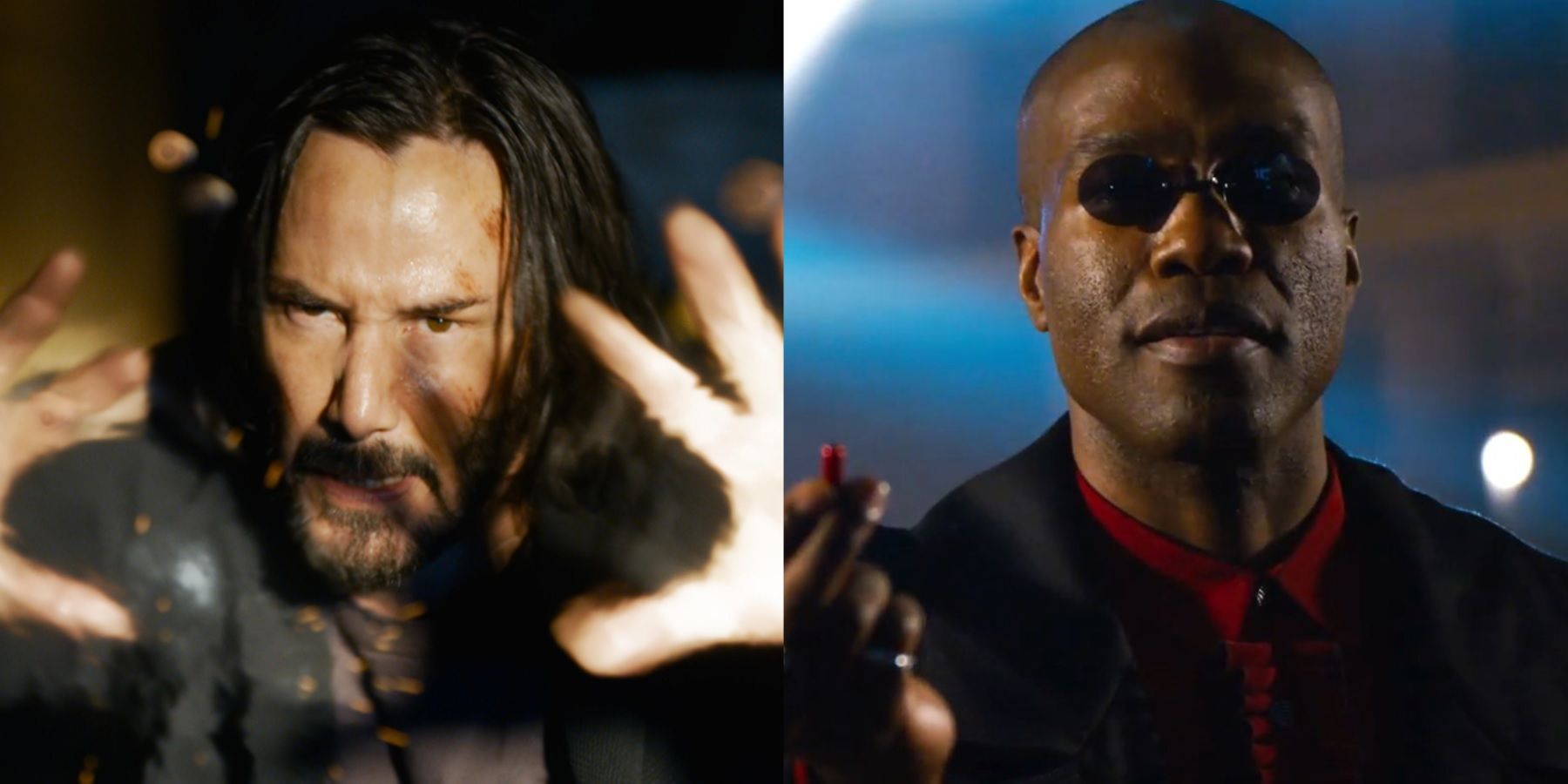 Split image of Neo and young Morpheus in The Matrix Resurrections