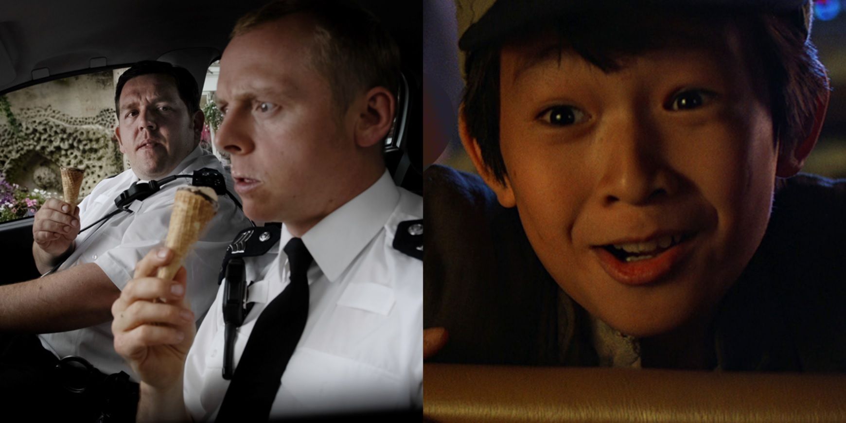 Split image of Nicholas and Danny in Hot Fuzz and Short Round in Indiana Jones and the Temple of Doom