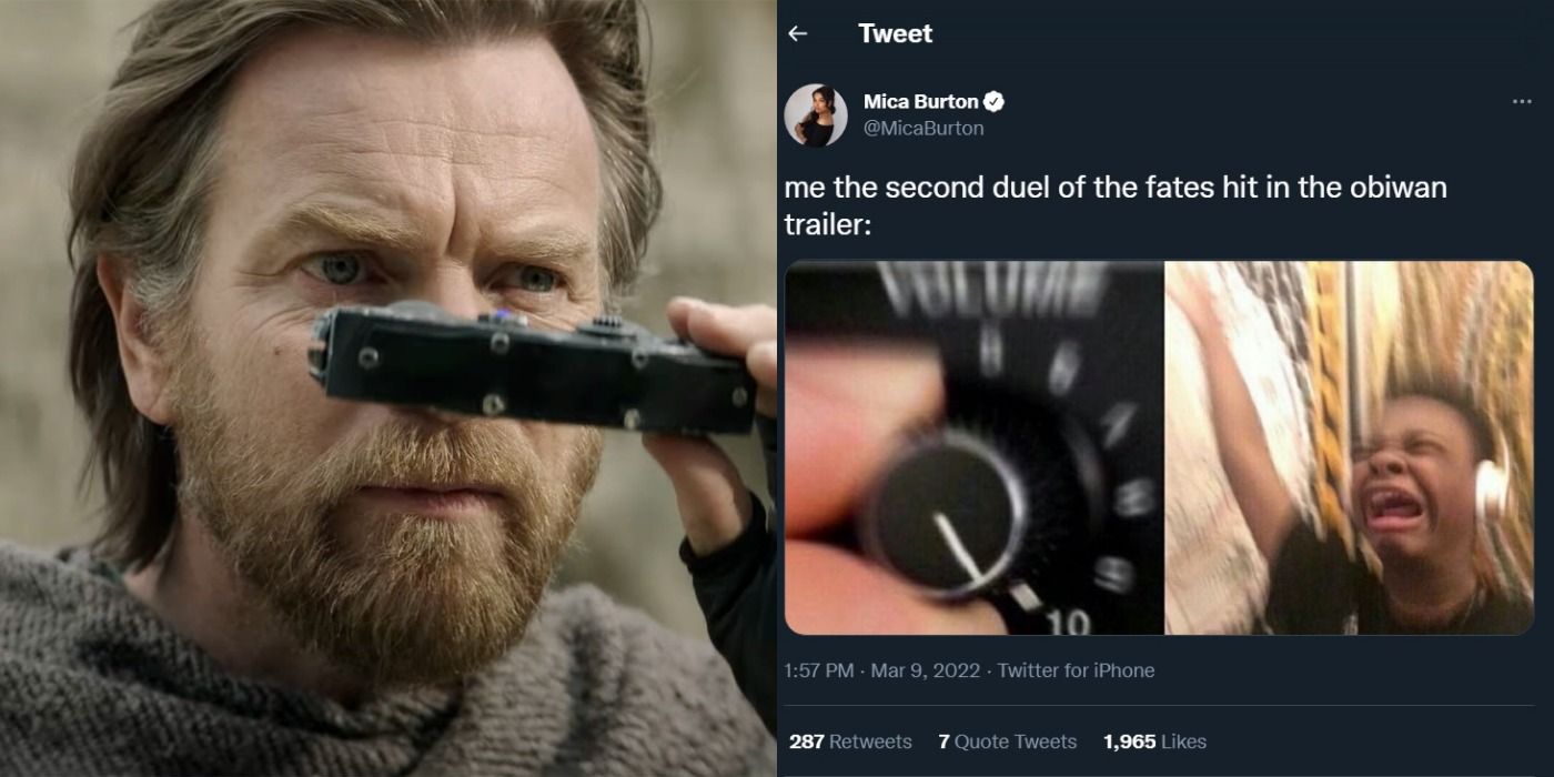 Split image of Obi-Wan Kenobi and a tweet reacting to it