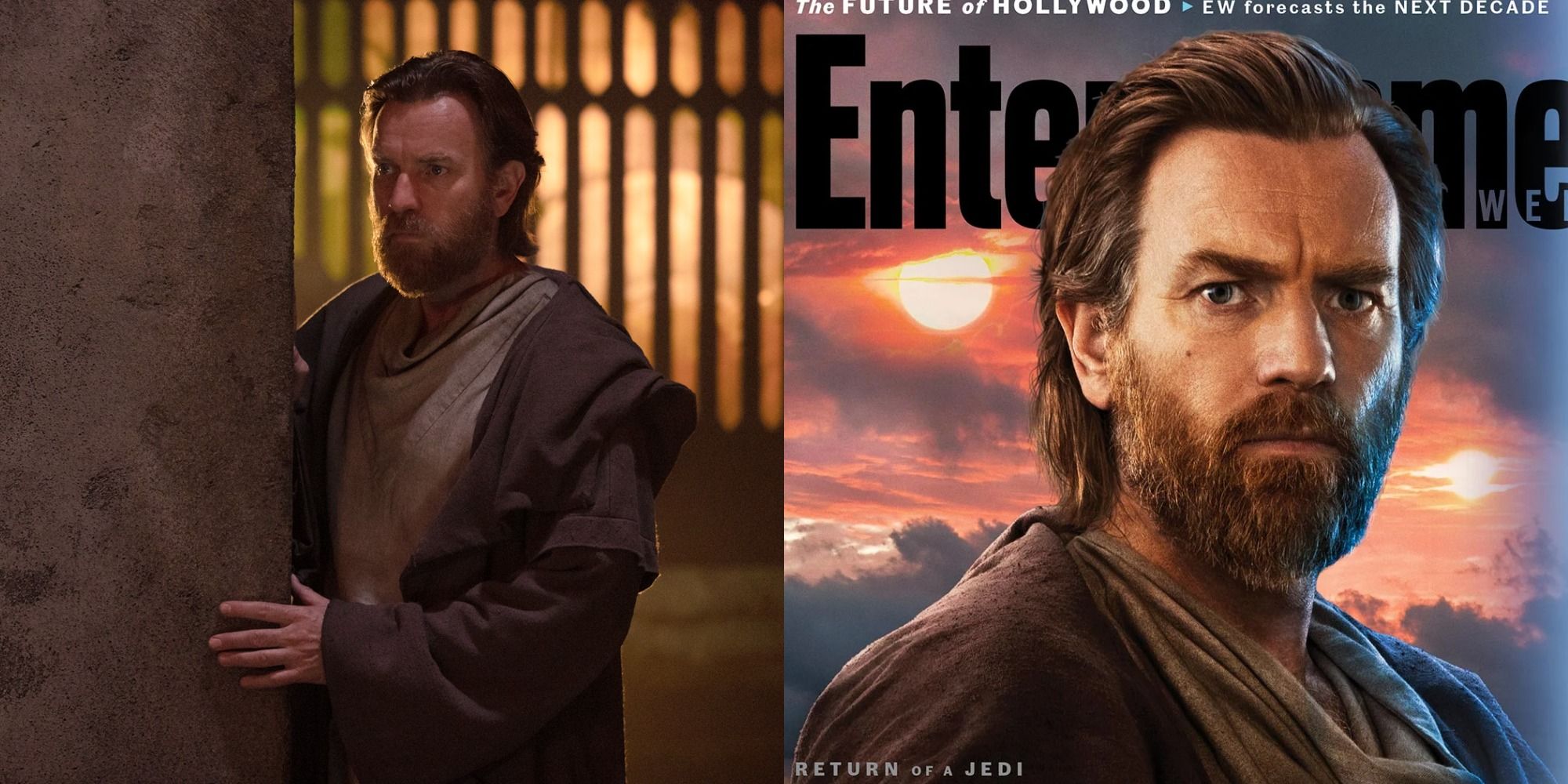 Split image of Obi Wan Kenobi looking from around a corner in the Obi Wan Kenobi series and a promo image of Obi Wan on an Entertainment Weekly cover