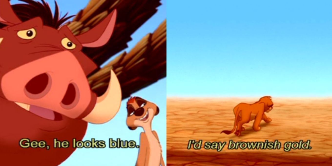 Split image of Pumbaa and Timon talking about Simba on The Lion King