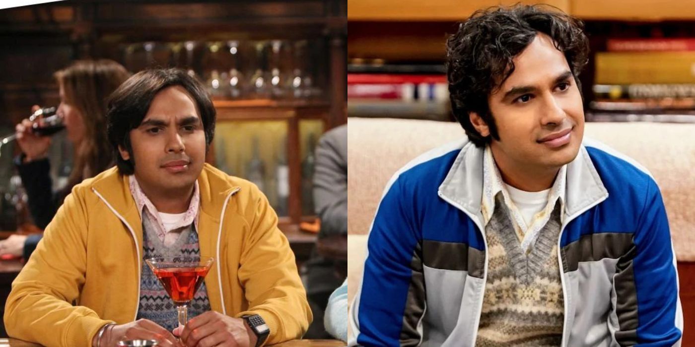 Split image of Raj's different hairstyles on TBBT
