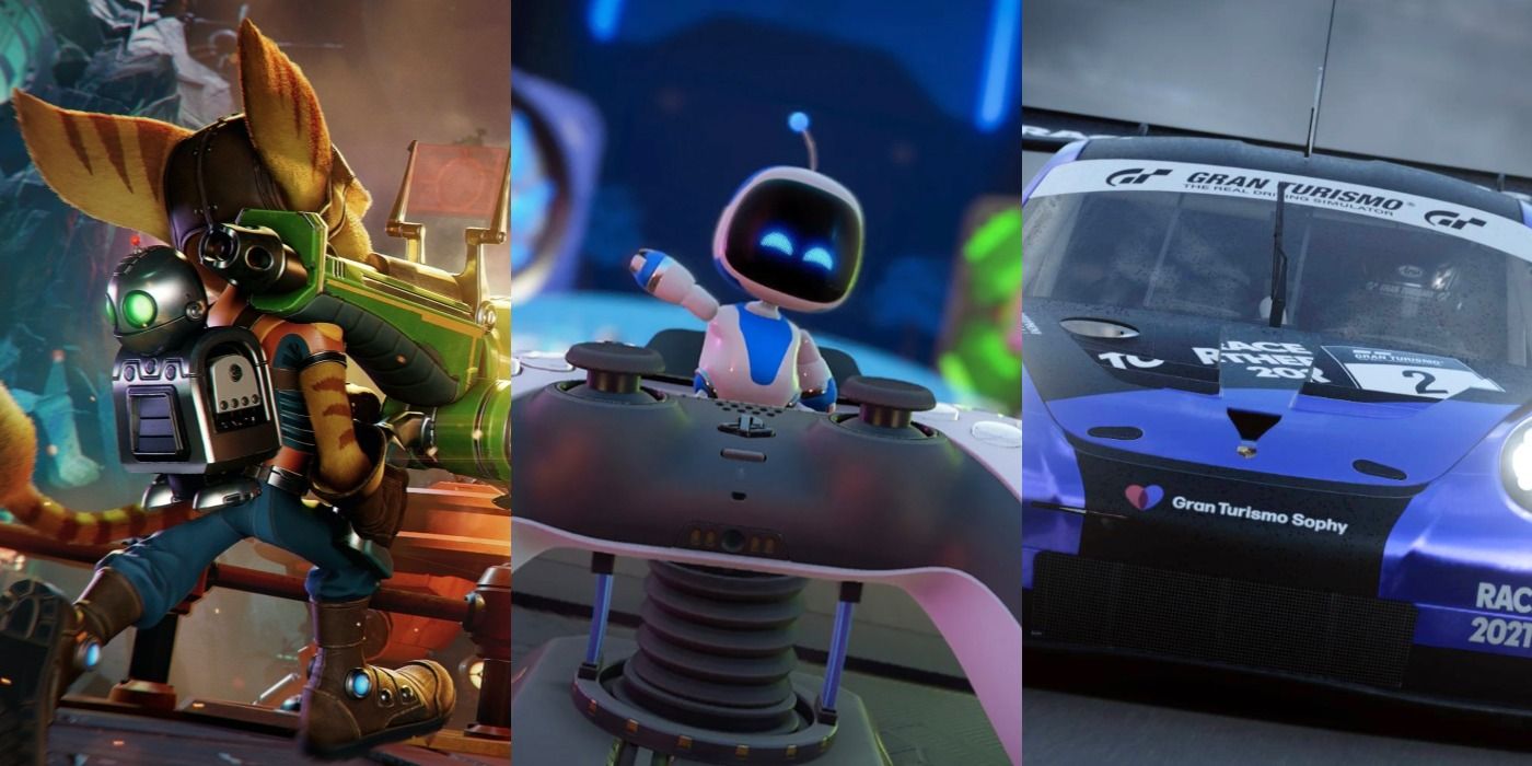 Split image of Ratchet and Clank, Astro World and Gran Turismo in PlayStation feature